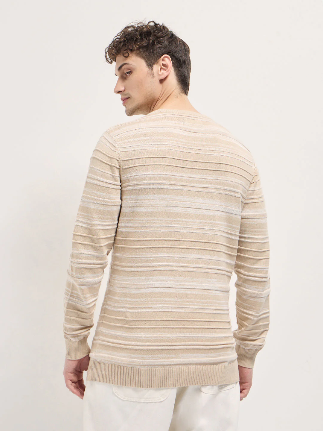 Men Beige Self-striped textured Slim Fit Ribbed Crew Neck T-shirt - Image 2