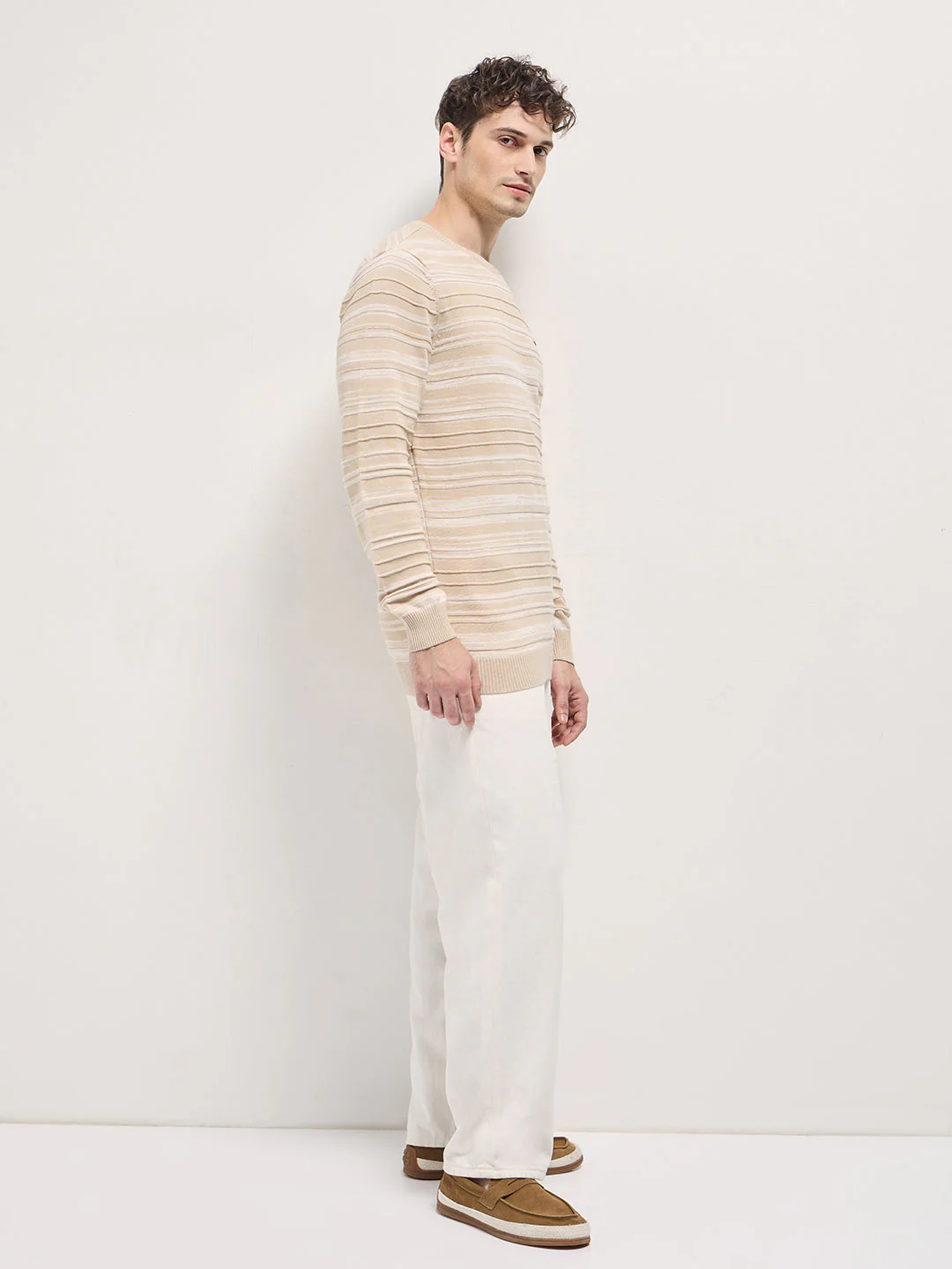 Men Beige Self-striped textured Slim Fit Ribbed Crew Neck T-shirt - Image 3