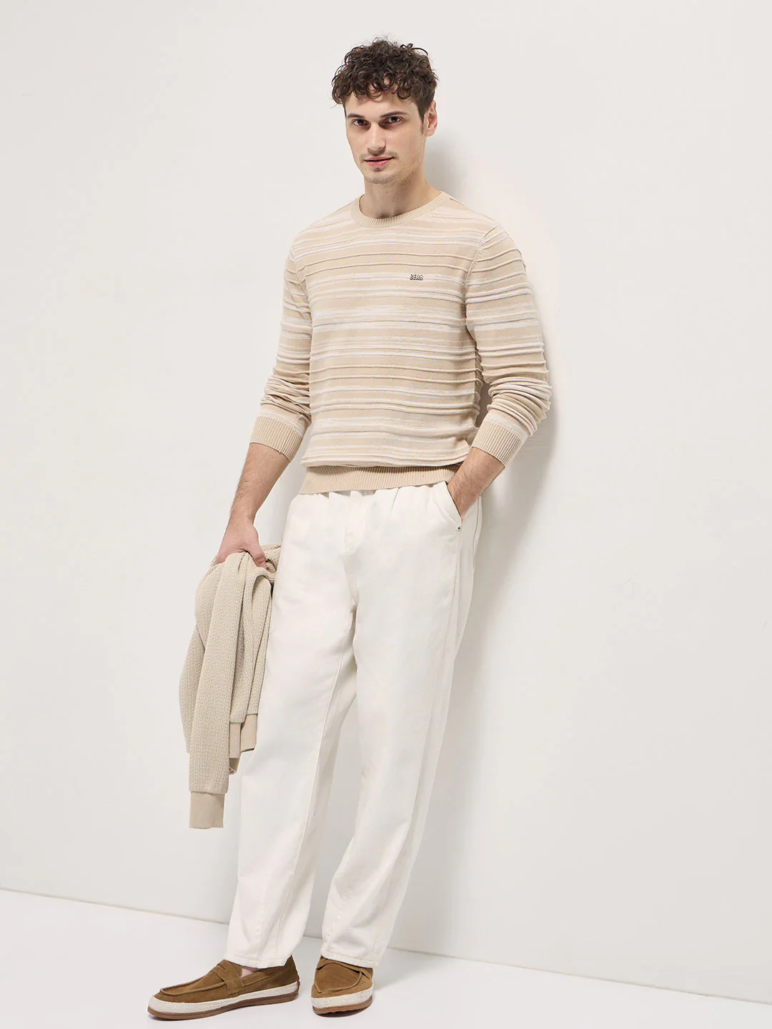 Men Beige Self-striped textured Slim Fit Ribbed Crew Neck T-shirt - Image 4