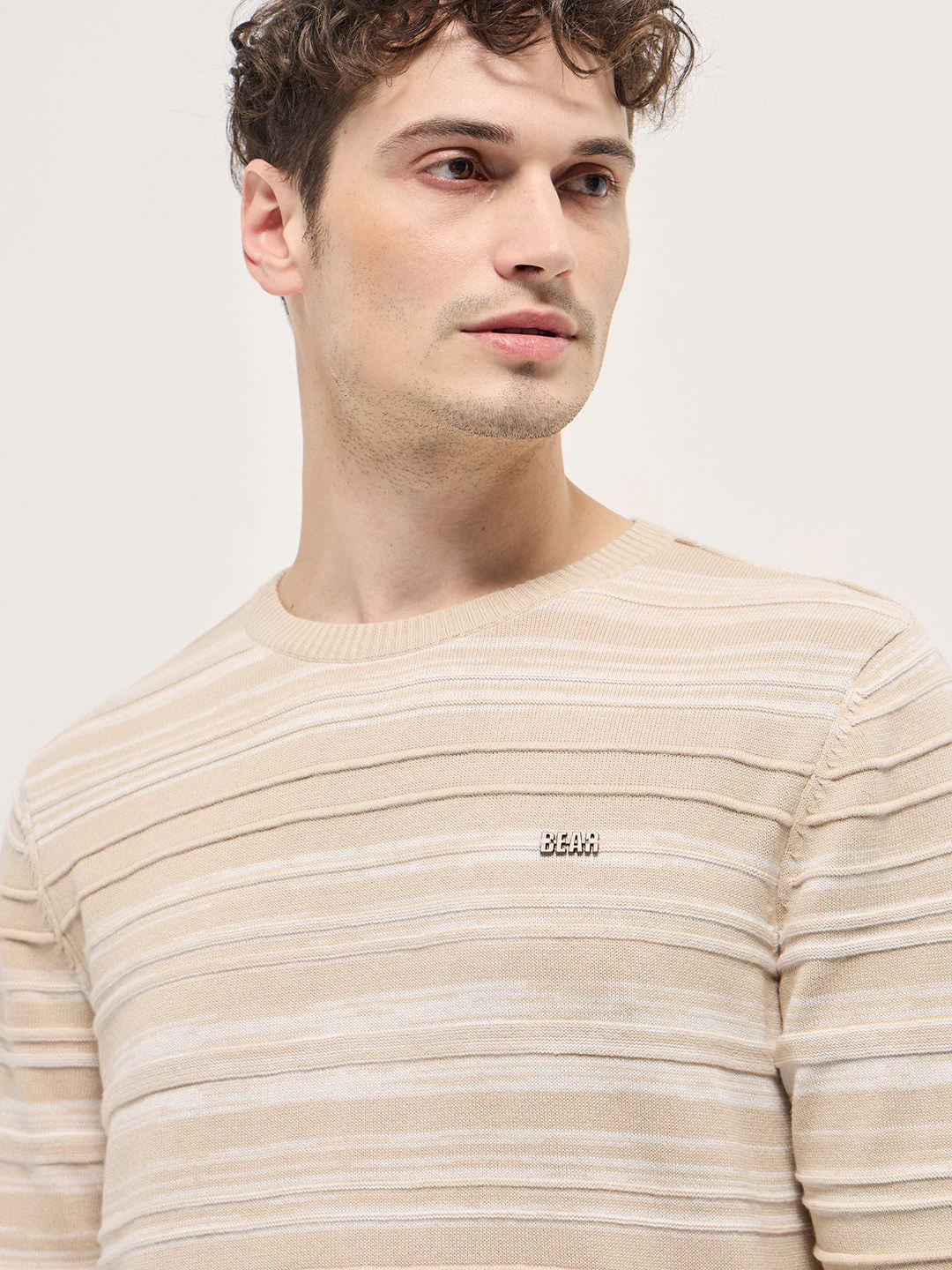 Men Beige Self-striped textured Slim Fit Ribbed Crew Neck T-shirt - Image 5