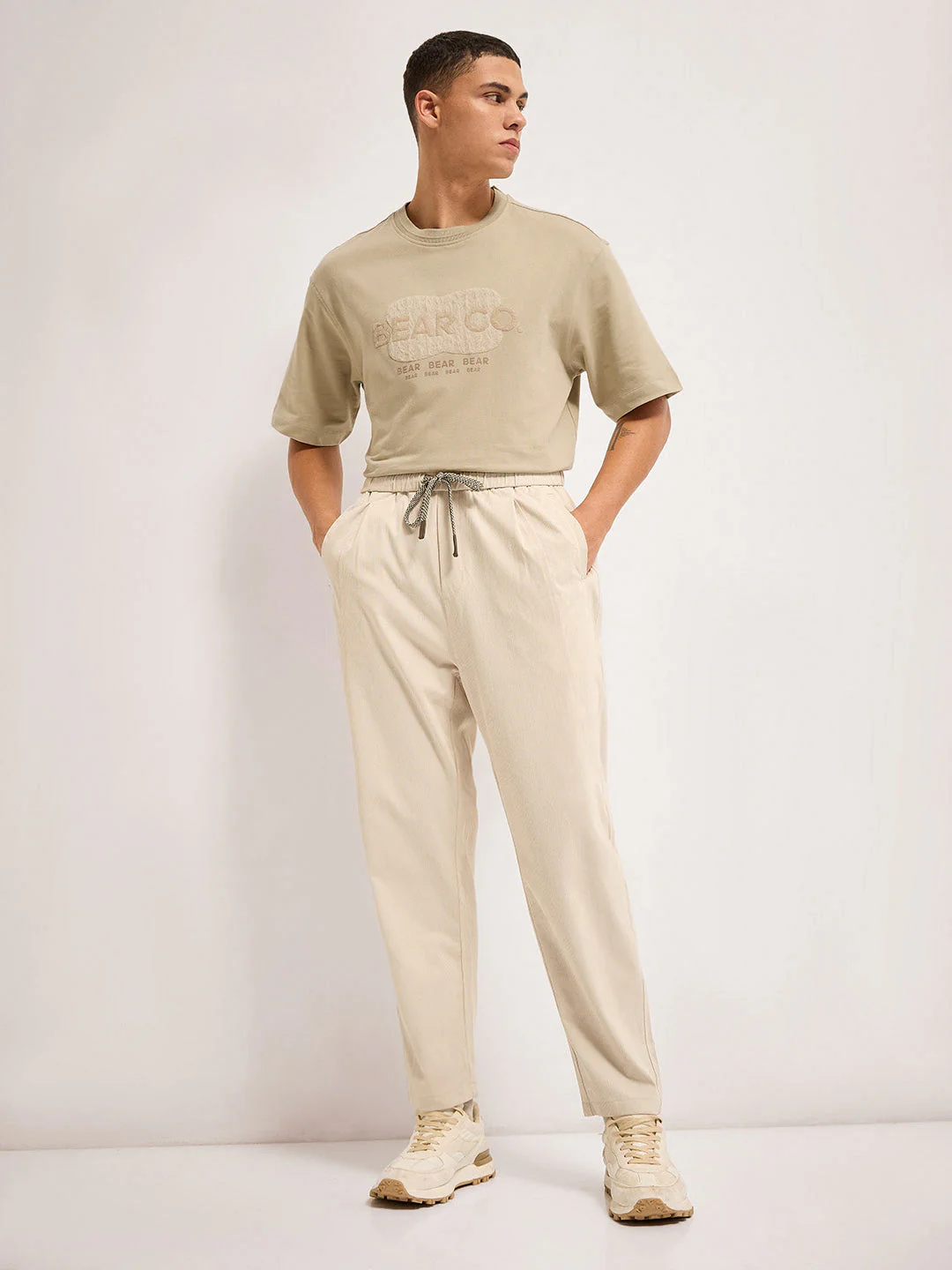 Men Beige signature raised design Crew Neck T-Shirt - Image 5