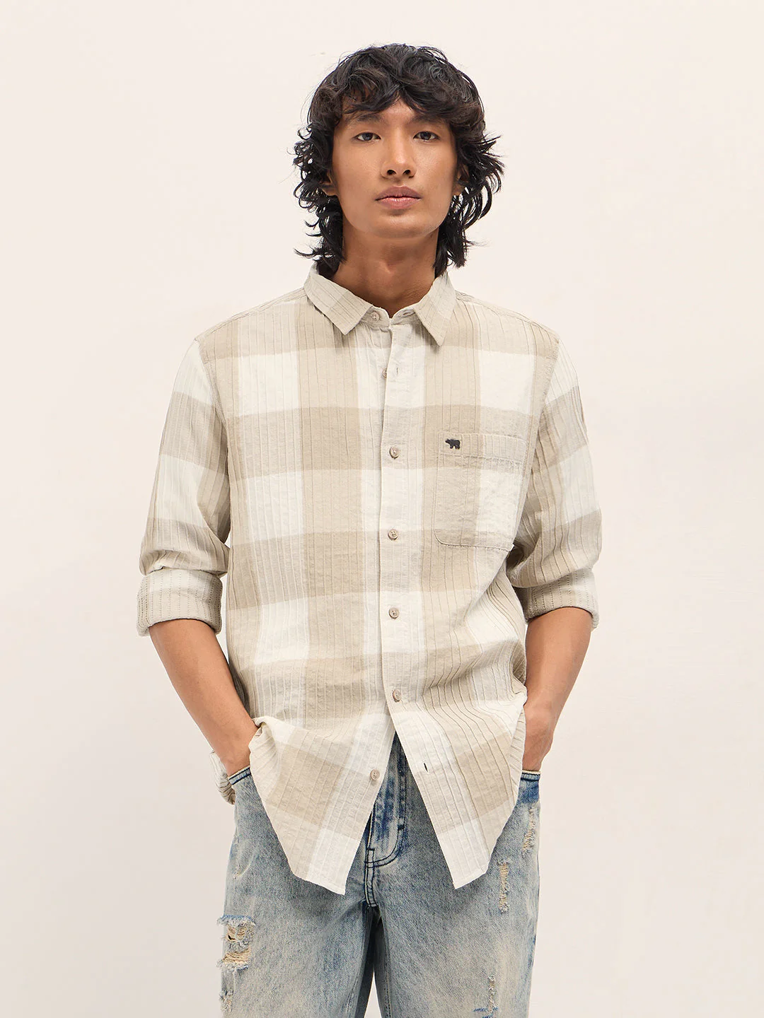 Men Beige Slim Fit Casual Shirt - Image 6
