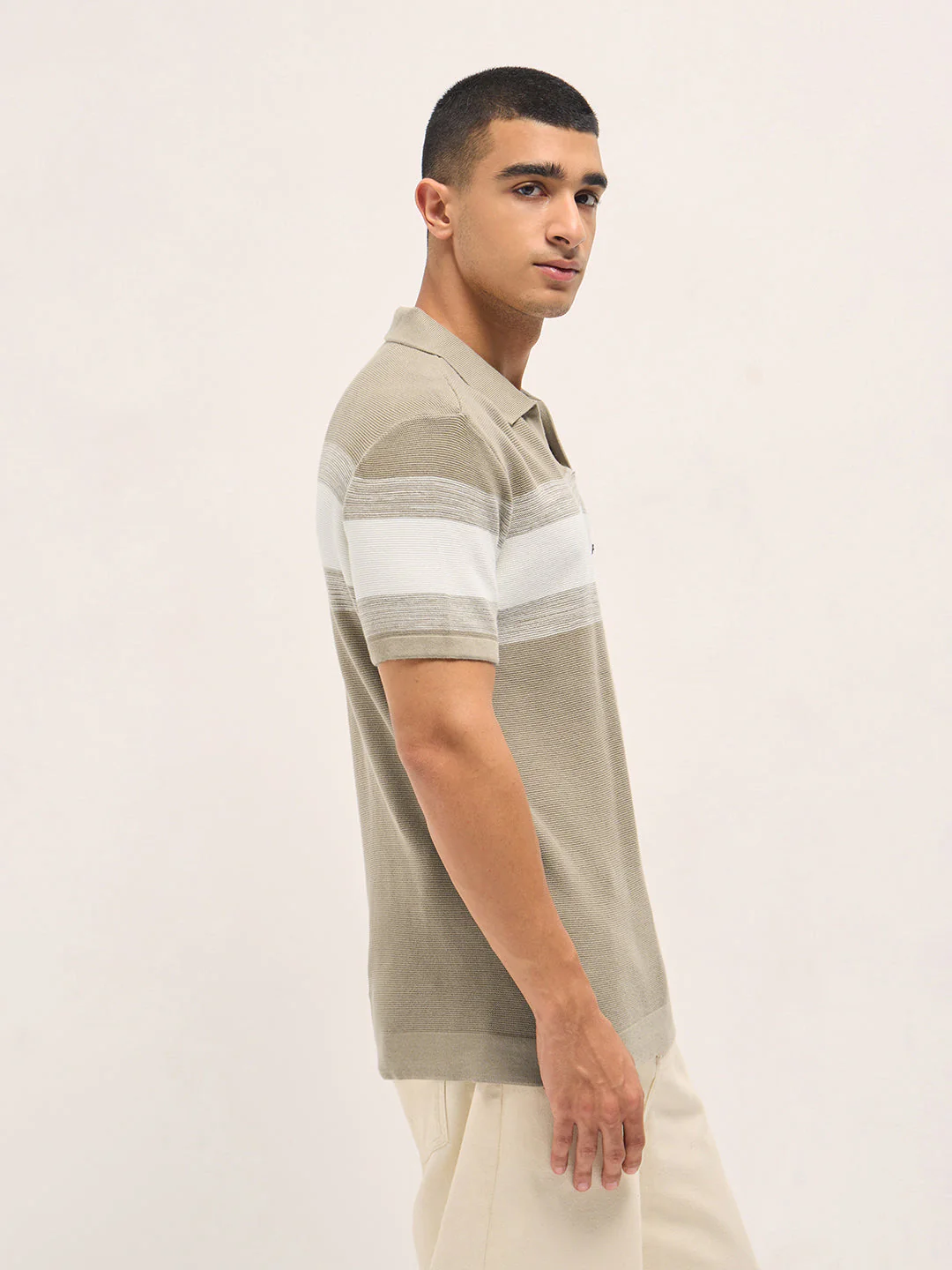 Men Beige Slim Fit Flat Knit Polo - Image 3