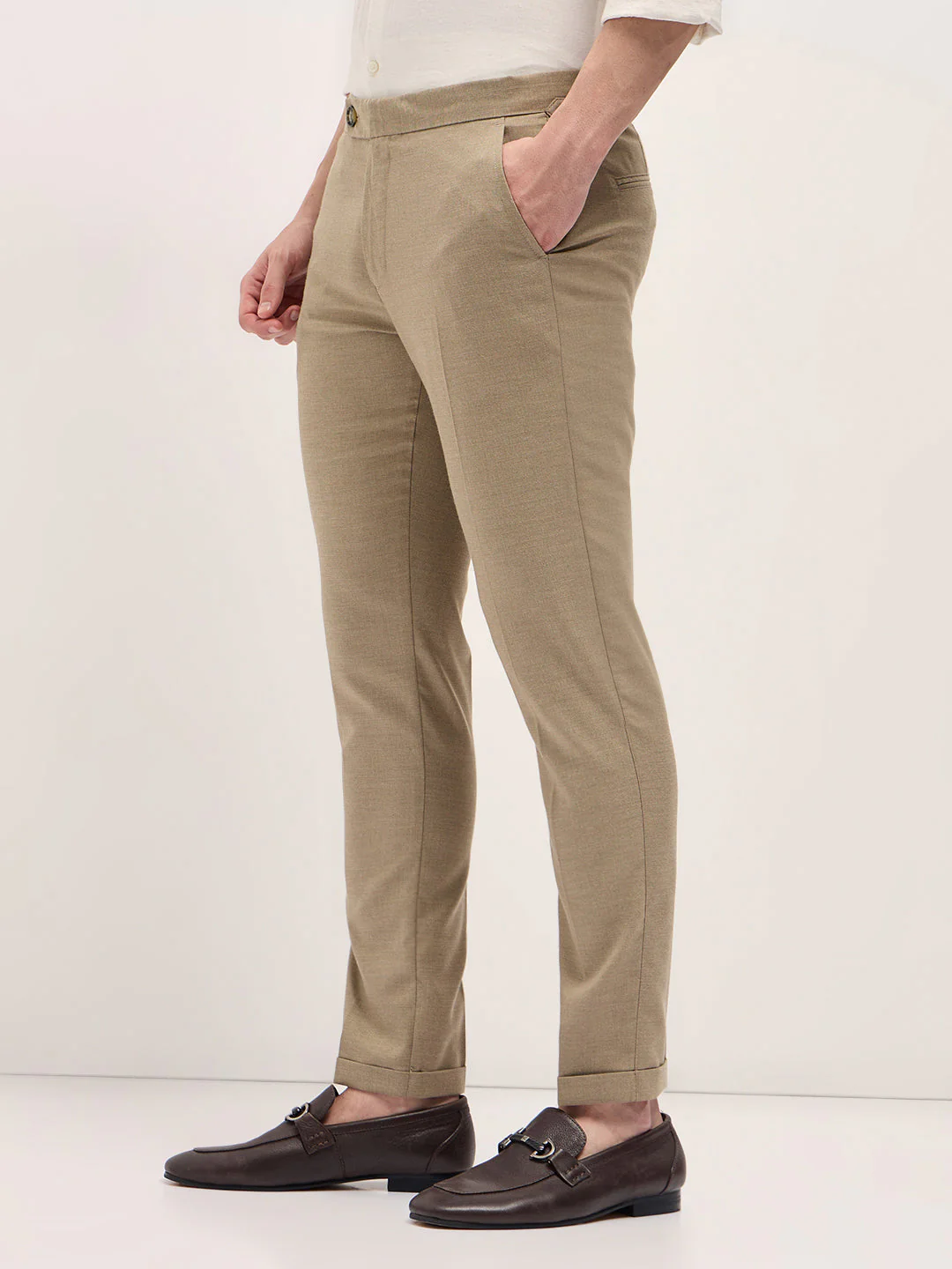 Men Beige Slim Fit Formal Trouser - Image 3