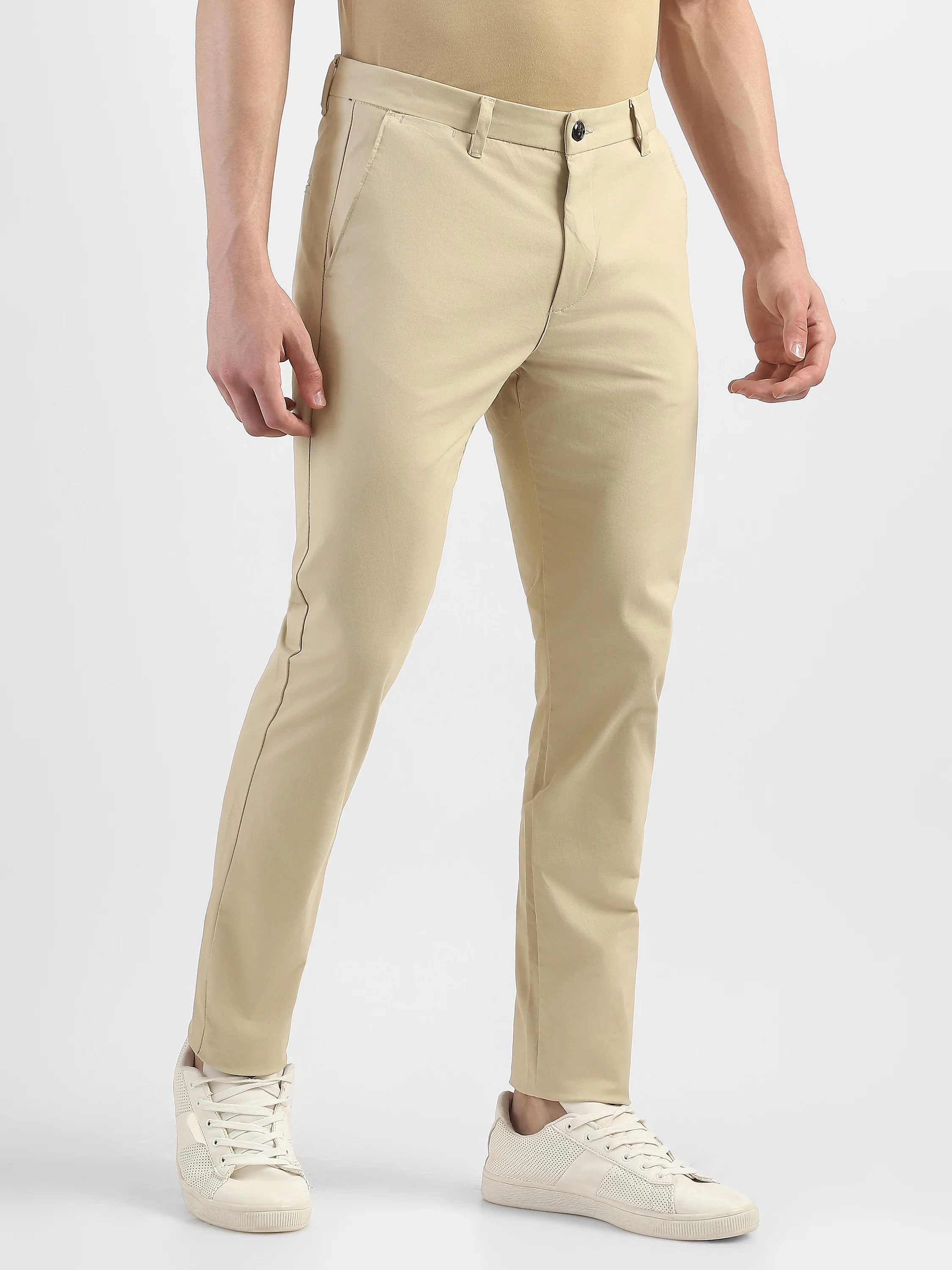 Men Beige Slim Fit Mid Rise Formal Trouser - Image 4