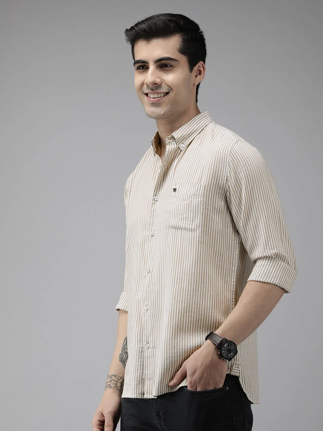 Men Beige Slim Fit Pinstriped Pure Cotton Casual Shirt - Image 4
