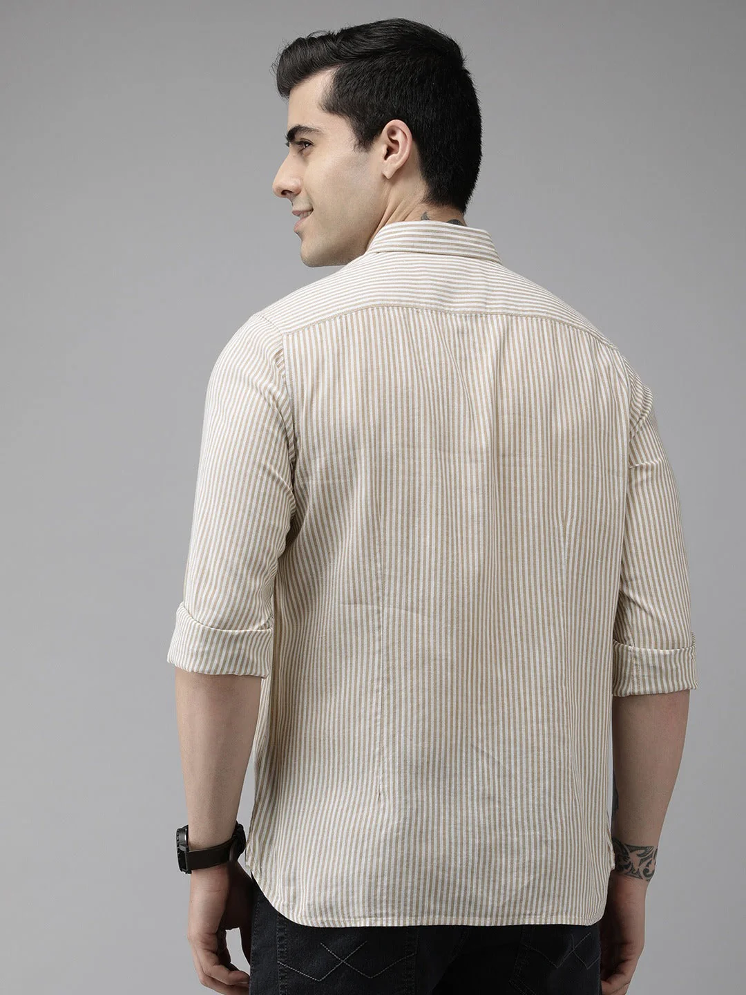 Men Beige Slim Fit Pinstriped Pure Cotton Casual Shirt - Image 5