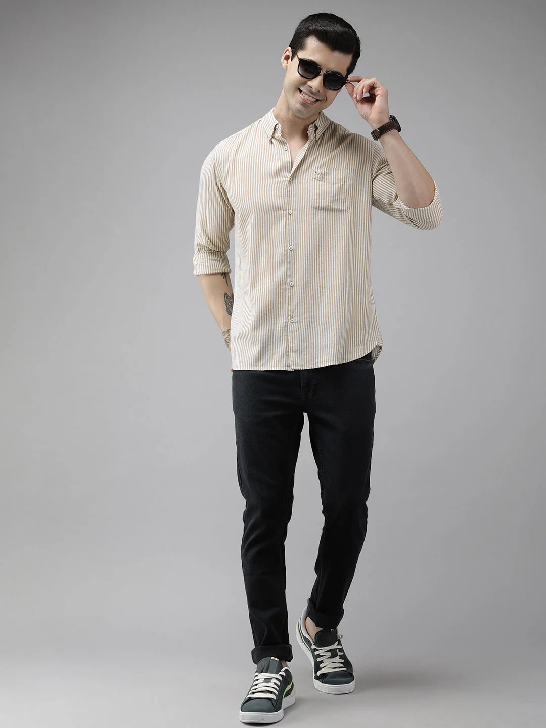 Men Beige Slim Fit Pinstriped Pure Cotton Casual Shirt - Image 6