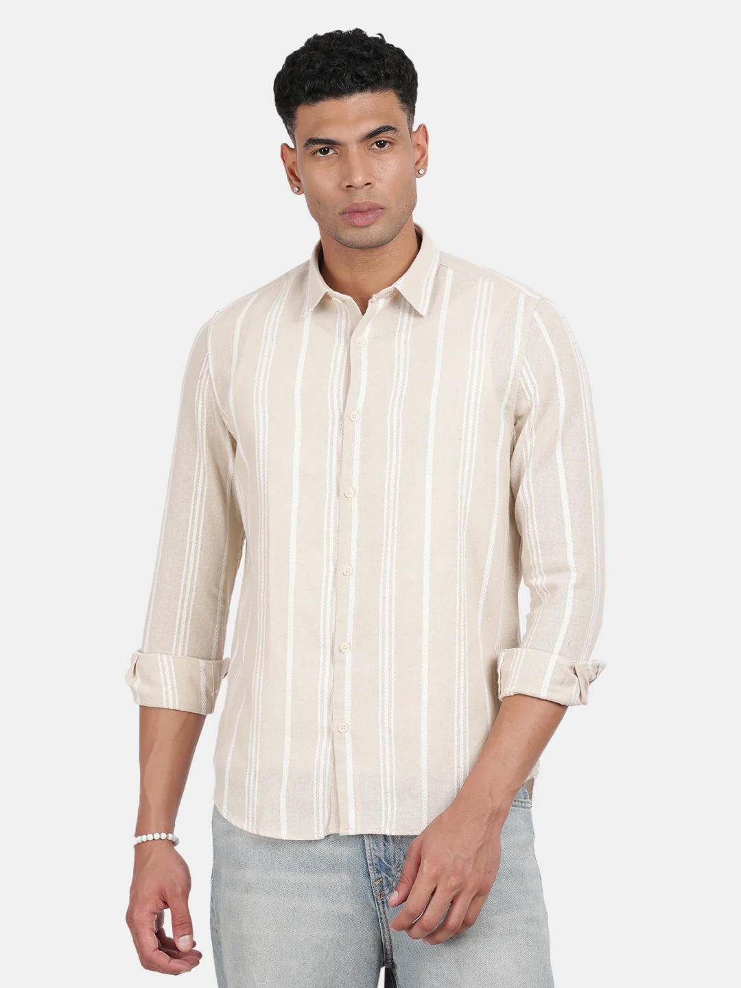 Men Beige Slim Fit Spread Collar Full Sleeve Casual Shirt - Image 2