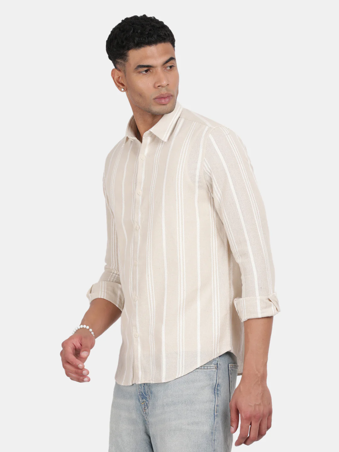 Men Beige Slim Fit Spread Collar Full Sleeve Casual Shirt - Image 5