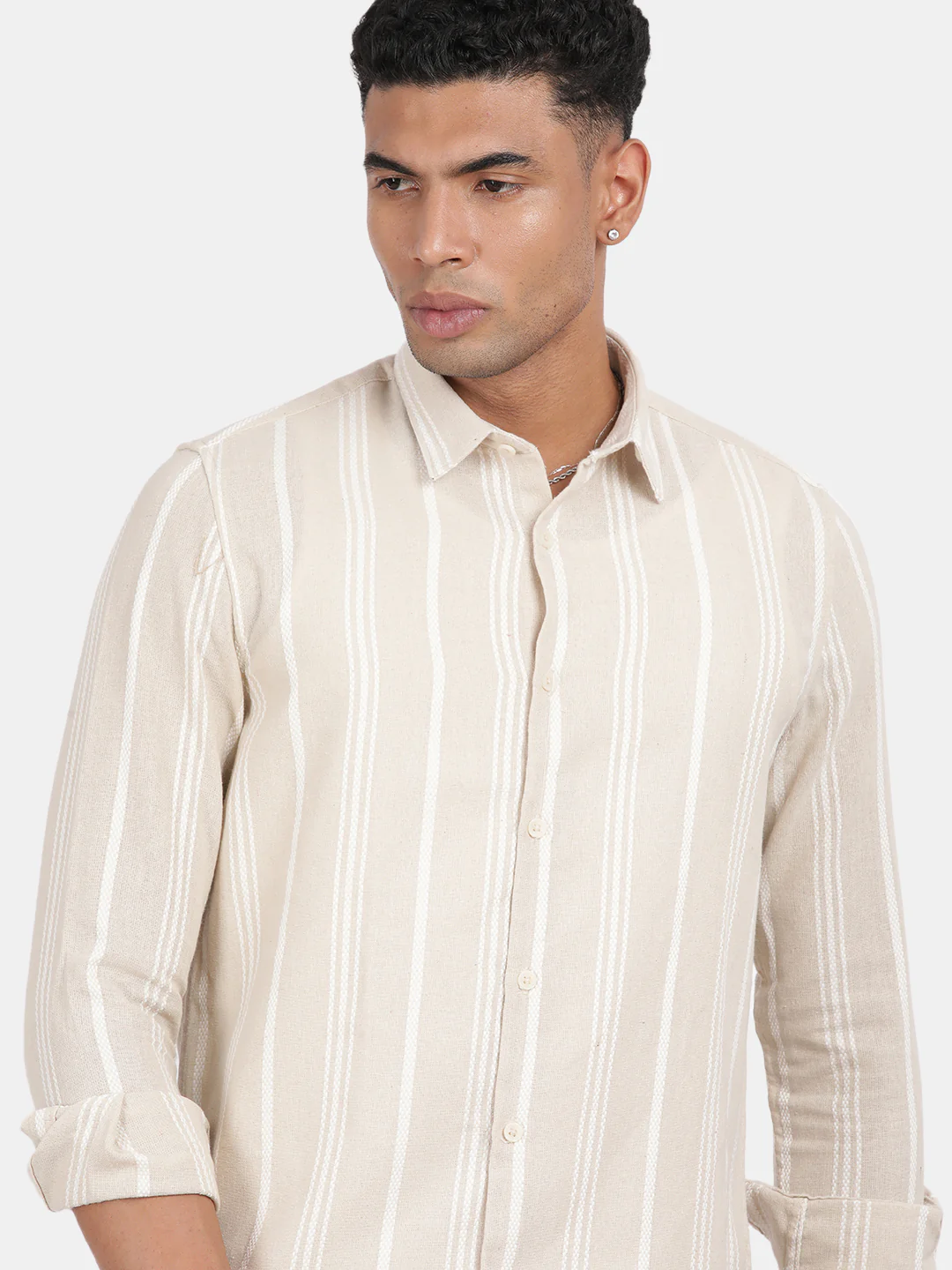Men Beige Slim Fit Spread Collar Full Sleeve Casual Shirt - Image 6