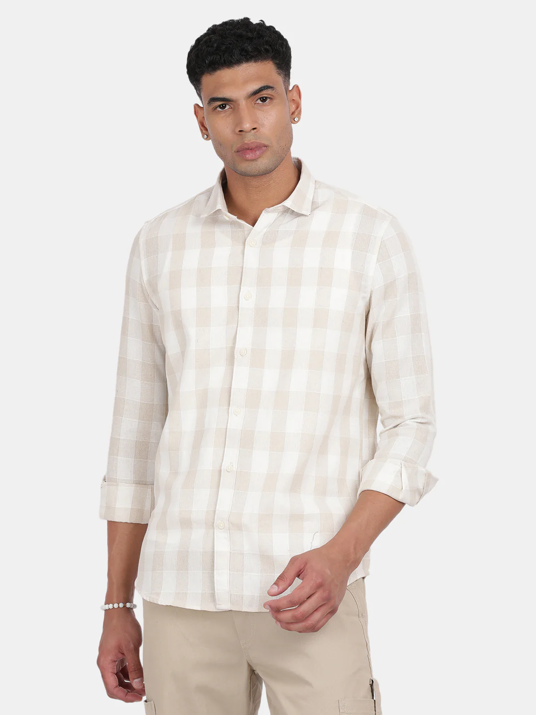 Men Beige Slim Fit Spread Collar Full Sleeve Casual Shirt - Image 2