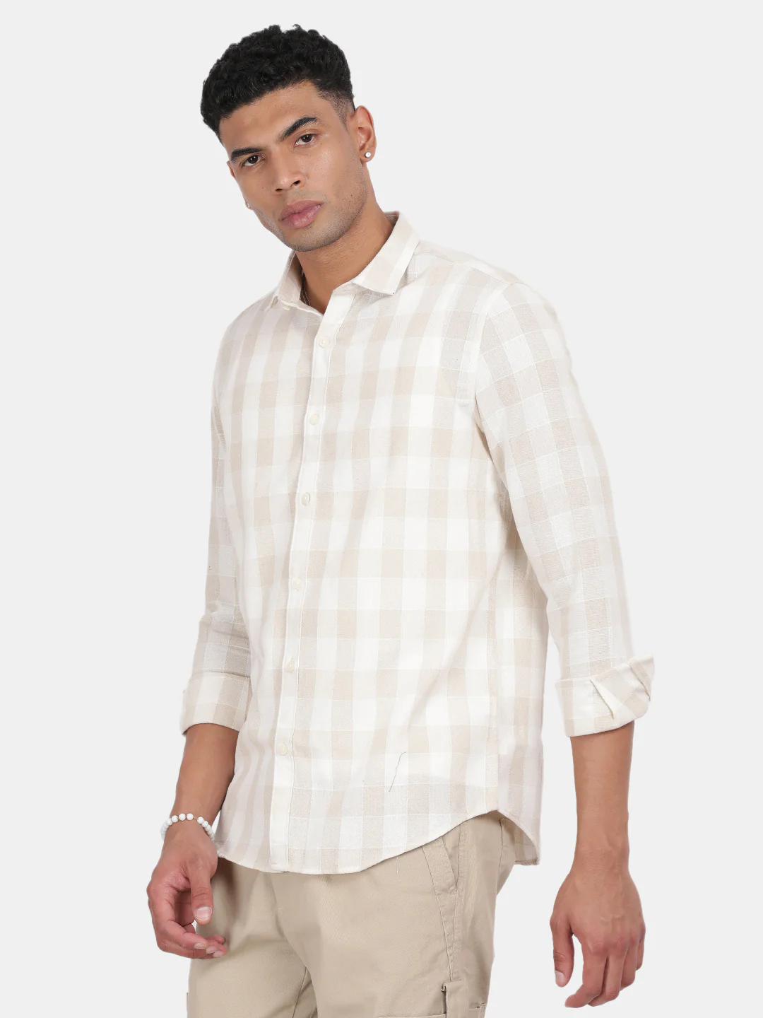 Men Beige Slim Fit Spread Collar Full Sleeve Casual Shirt - Image 5