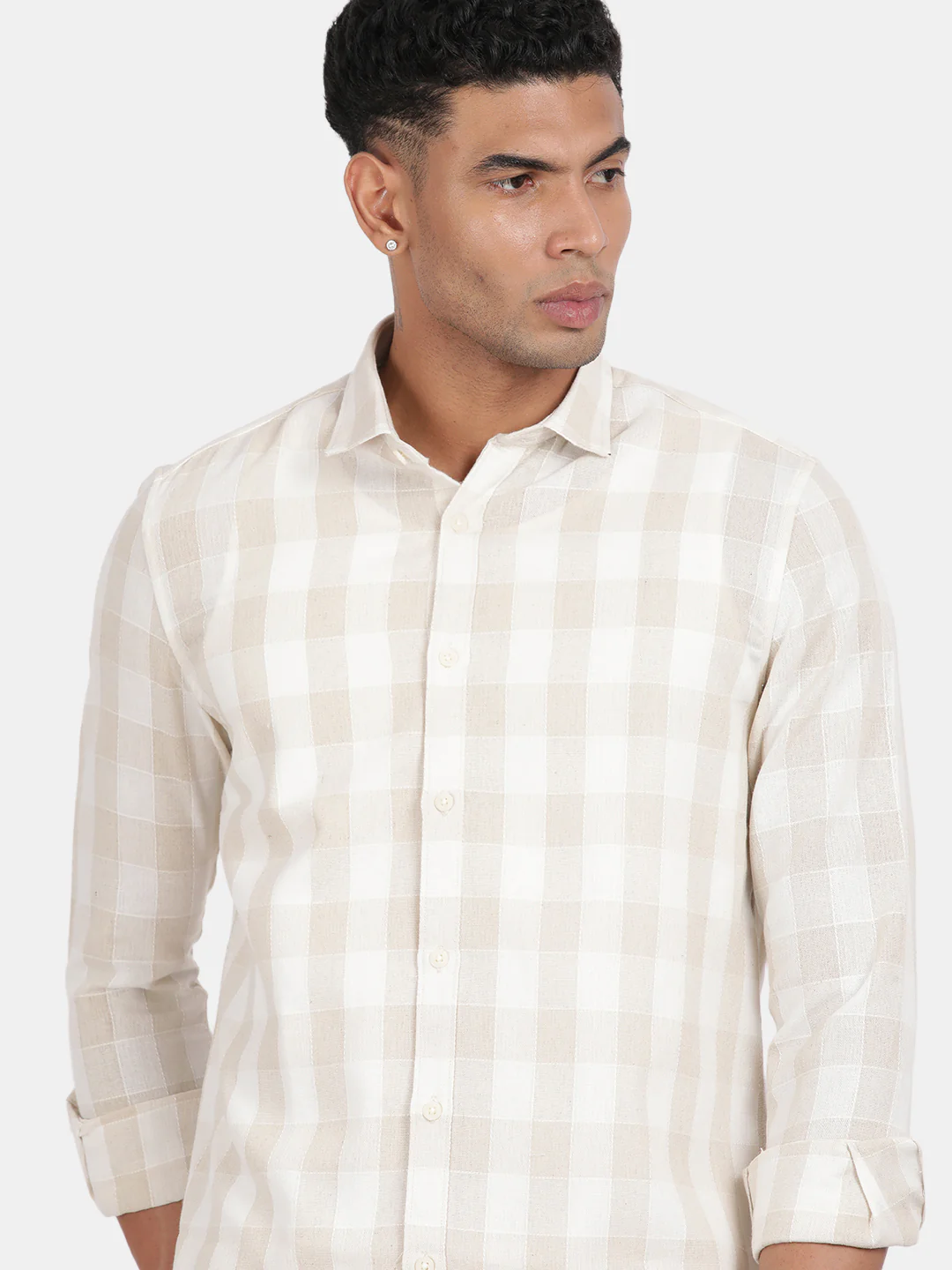 Men Beige Slim Fit Spread Collar Full Sleeve Casual Shirt - Image 6