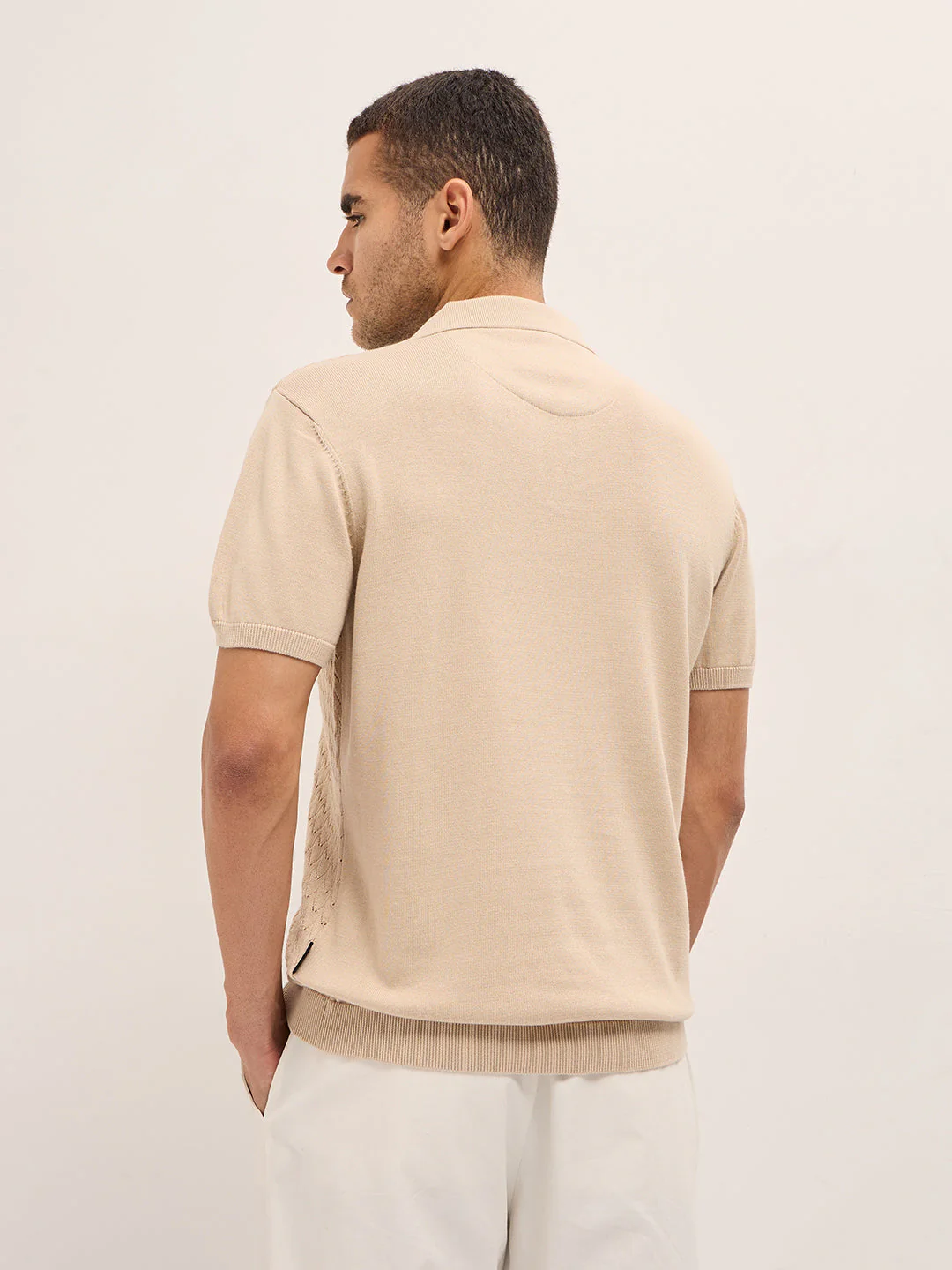 Men Beige Slim Fit Textured Knit Polo - Image 2