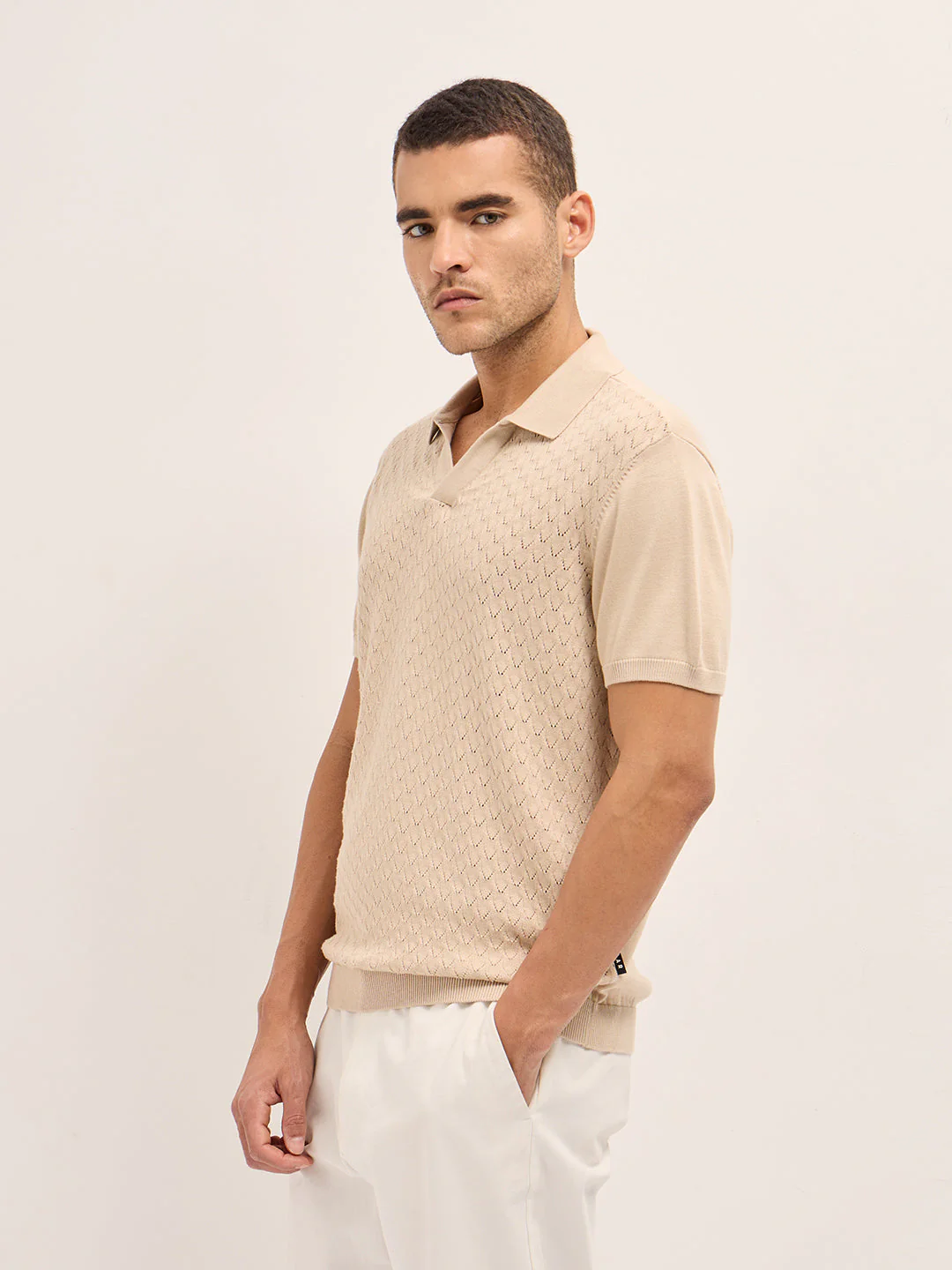 Men Beige Slim Fit Textured Knit Polo - Image 3