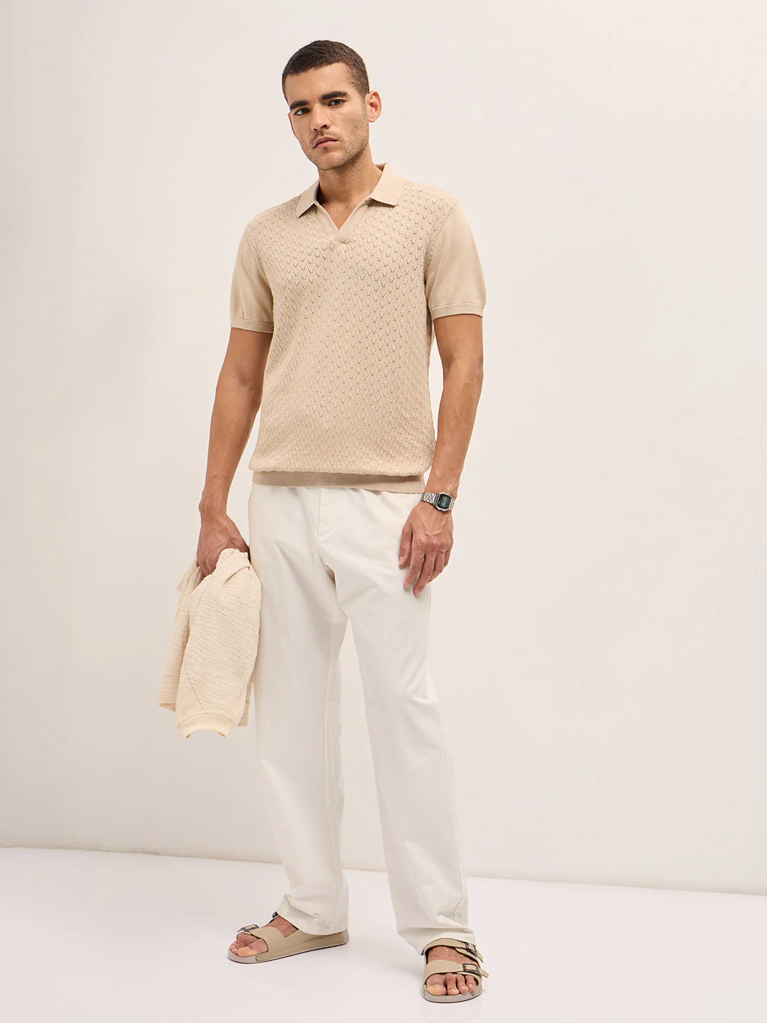 Men Beige Slim Fit Textured Knit Polo - Image 4