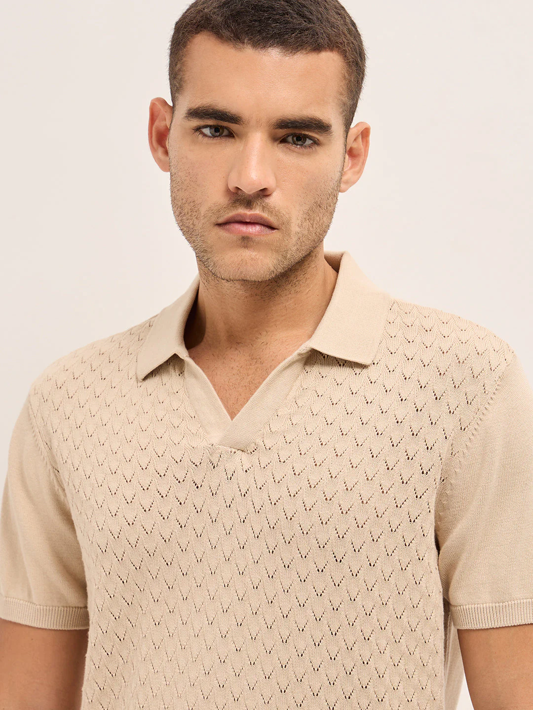 Men Beige Slim Fit Textured Knit Polo - Image 5