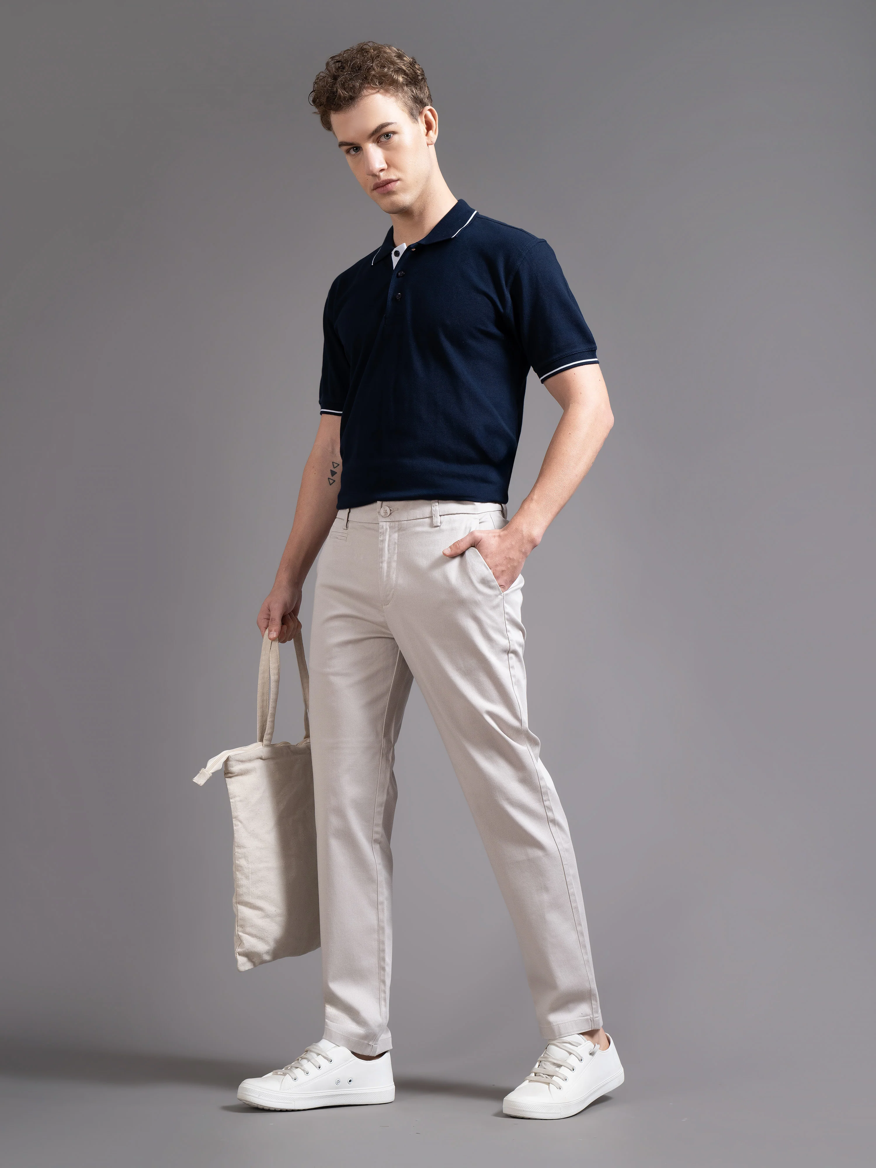 Men Beige Smart Slim Fit Chinos - Image 2