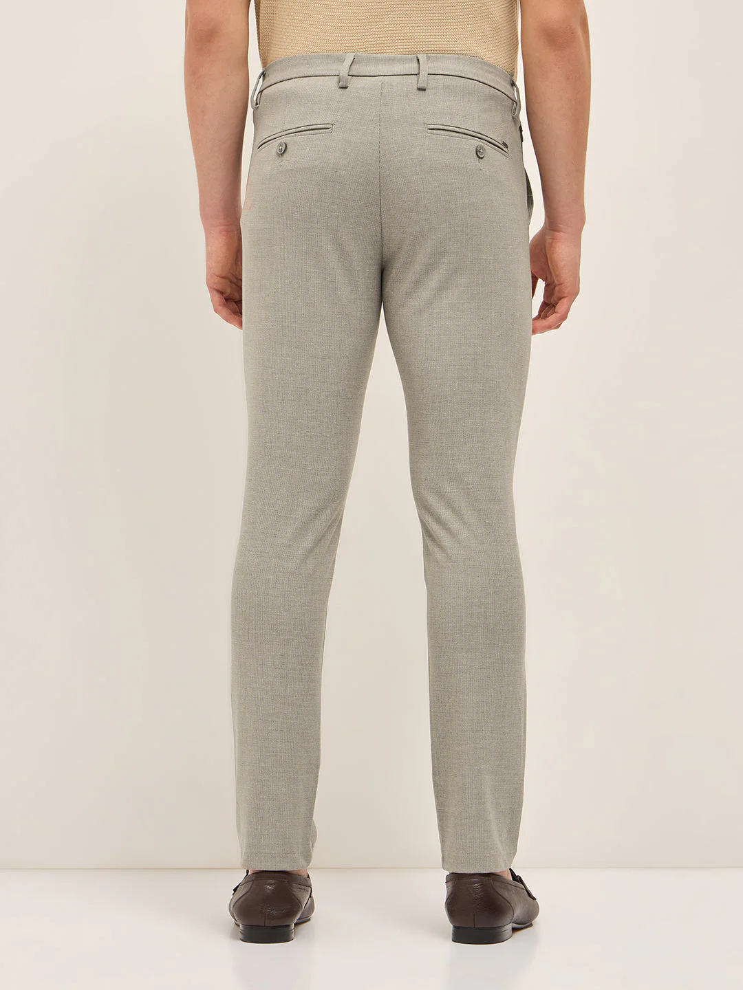Men Beige Solid 4 Way Stretch Formal Trouser - Image 2