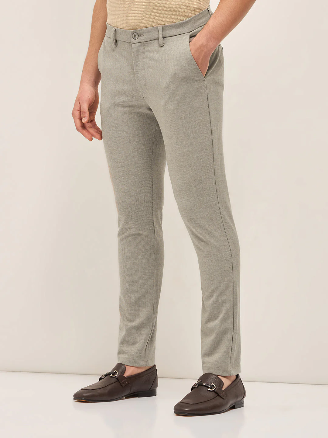 Men Beige Solid 4 Way Stretch Formal Trouser - Image 3