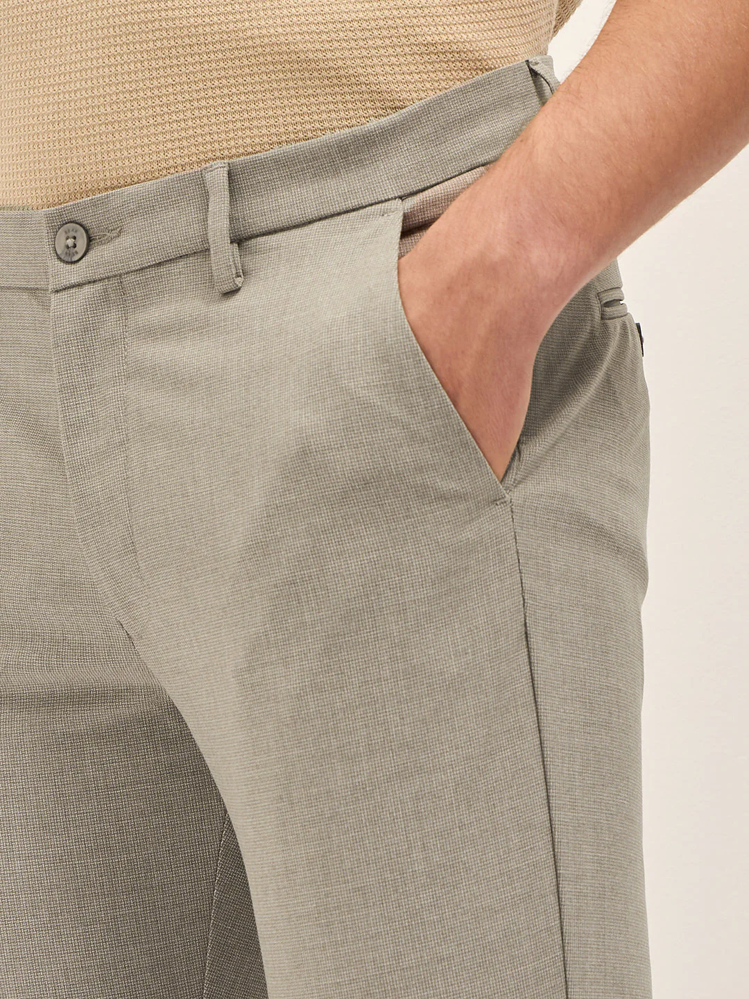 Men Beige Solid 4 Way Stretch Formal Trouser - Image 6