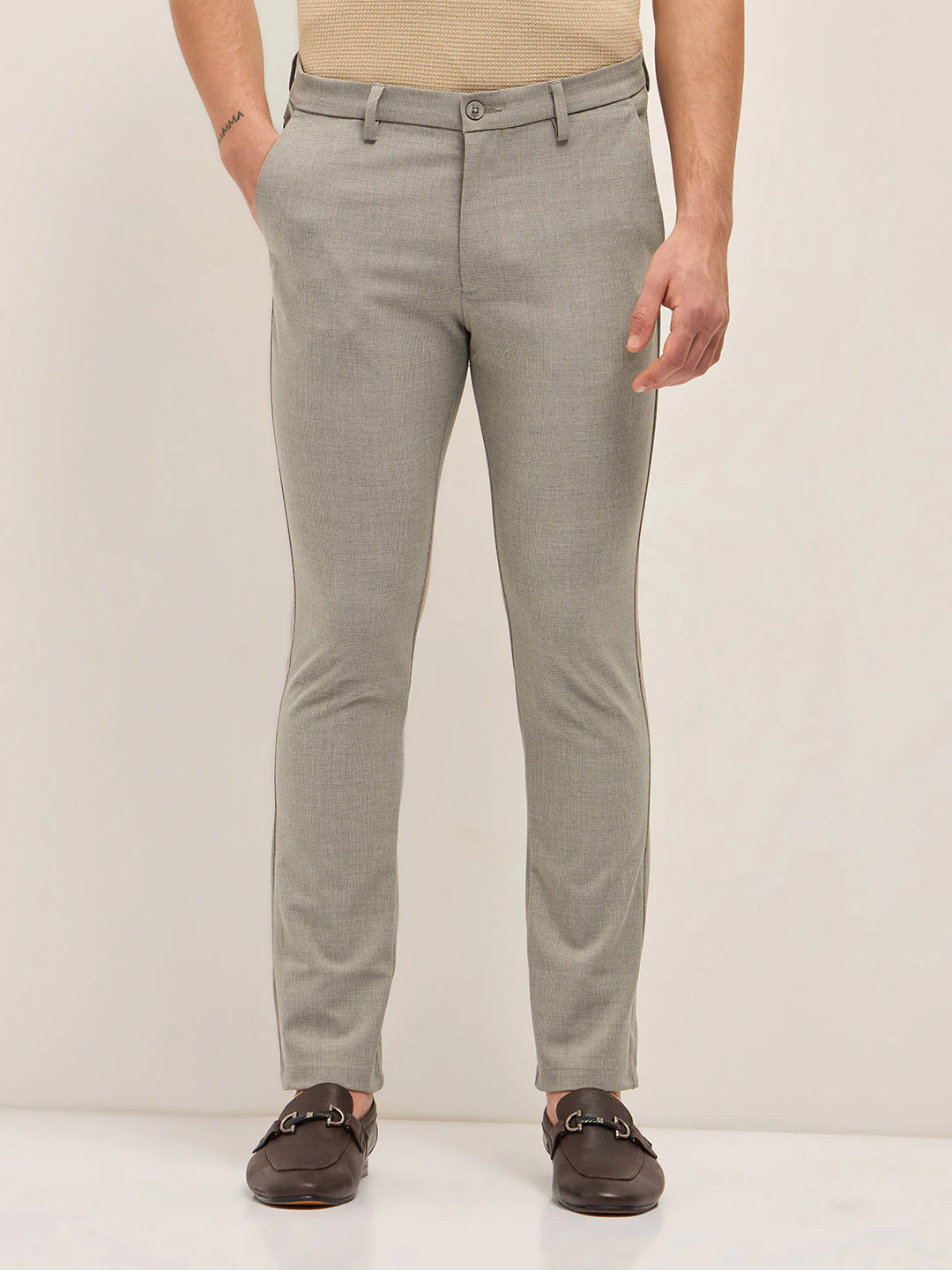 Men Beige Solid 4 Way Stretch Formal Trouser - Image 7