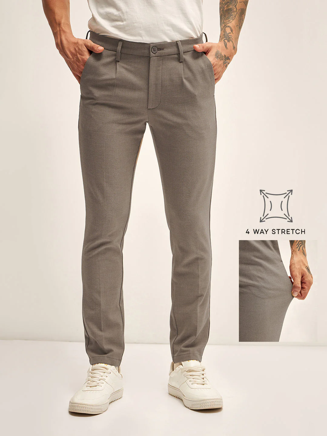 Men Beige Solid 4 Way Stretch Formal Trouser