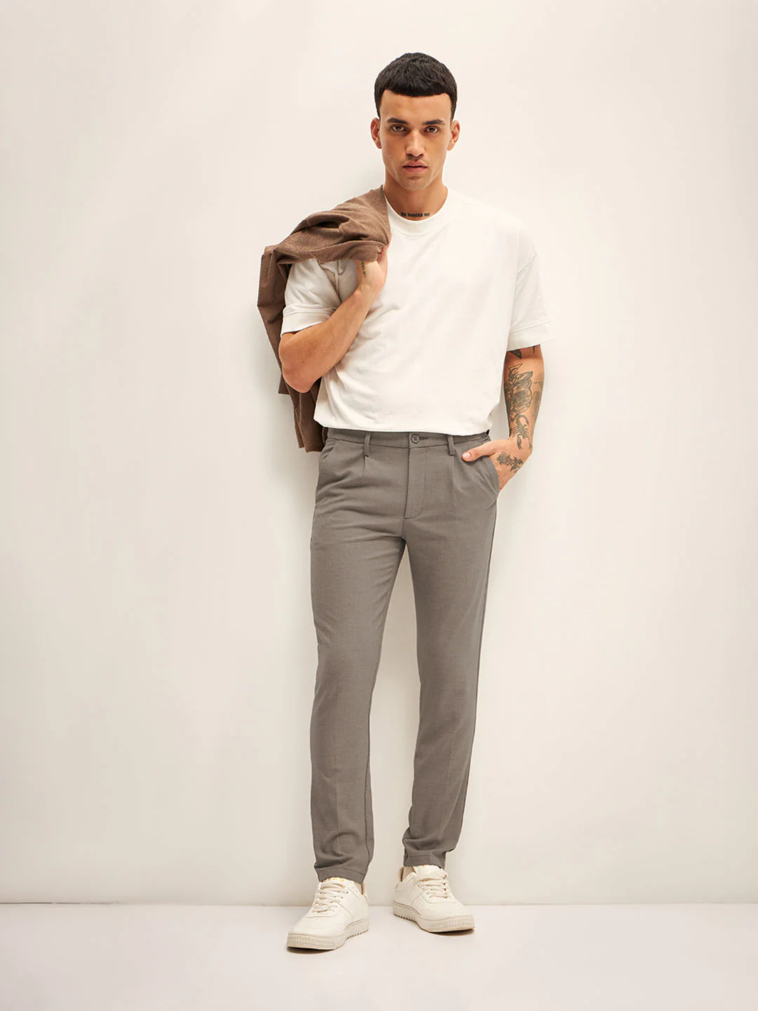 Men Beige Solid 4 Way Stretch Formal Trouser - Image 2