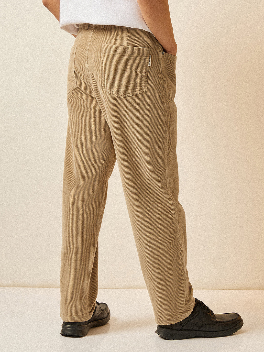 Men Beige Solid Baggy Fit Corduroy Cotton Pant - Image 2