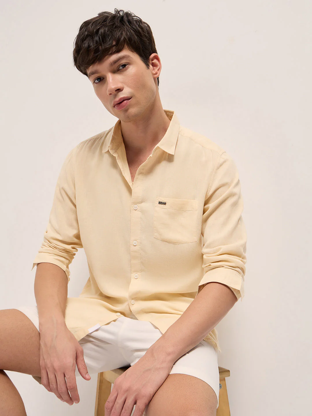 Men Beige Solid Lyocell Slim Fit Casual Shirt