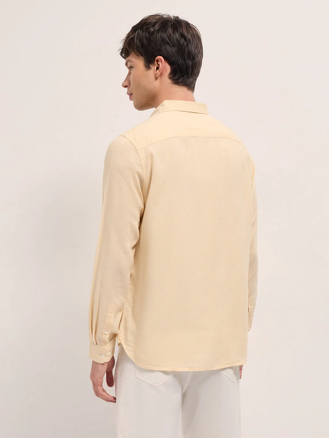 Men Beige Solid Lyocell Slim Fit Casual Shirt - Image 2