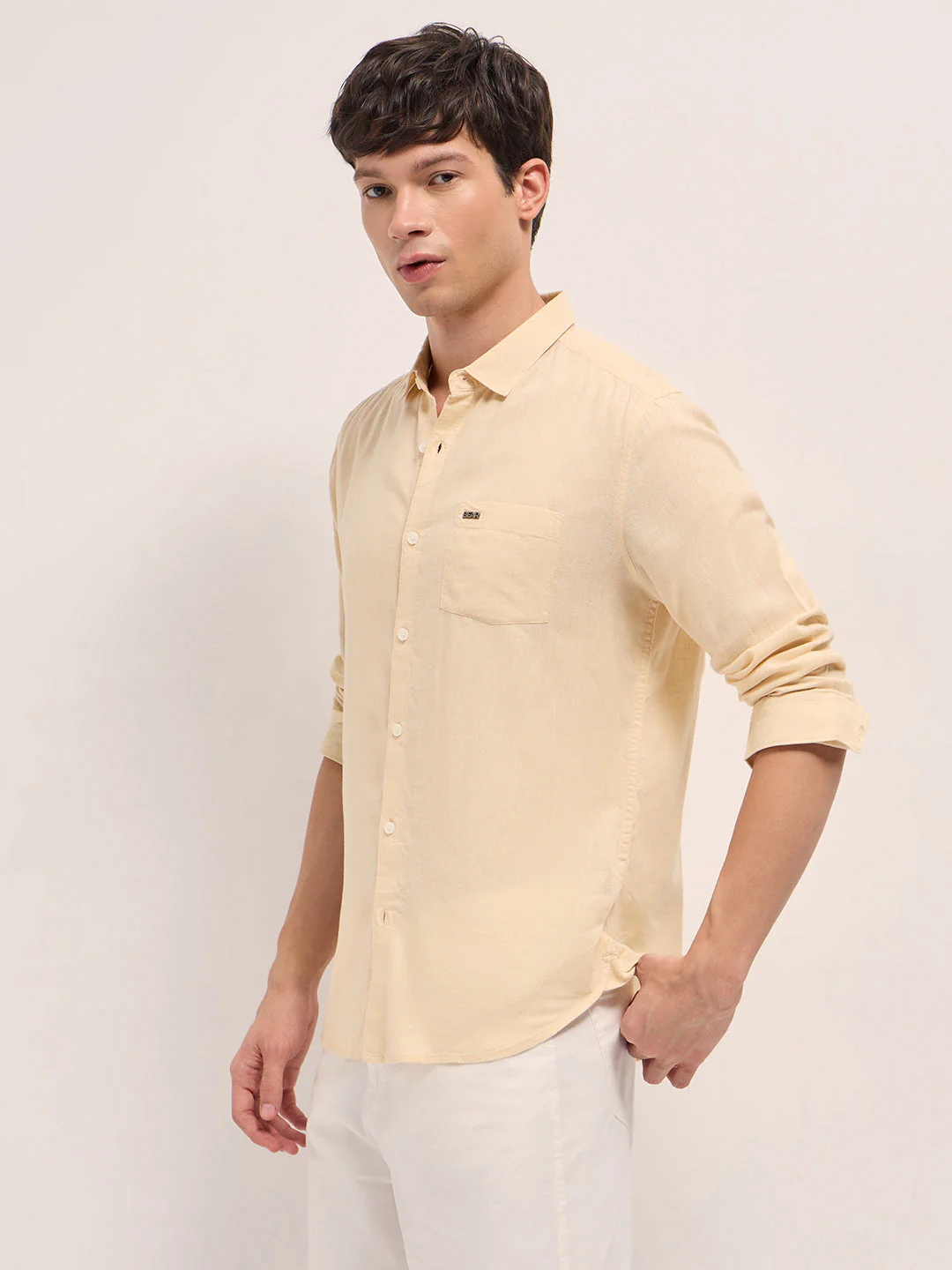 Men Beige Solid Lyocell Slim Fit Casual Shirt - Image 3
