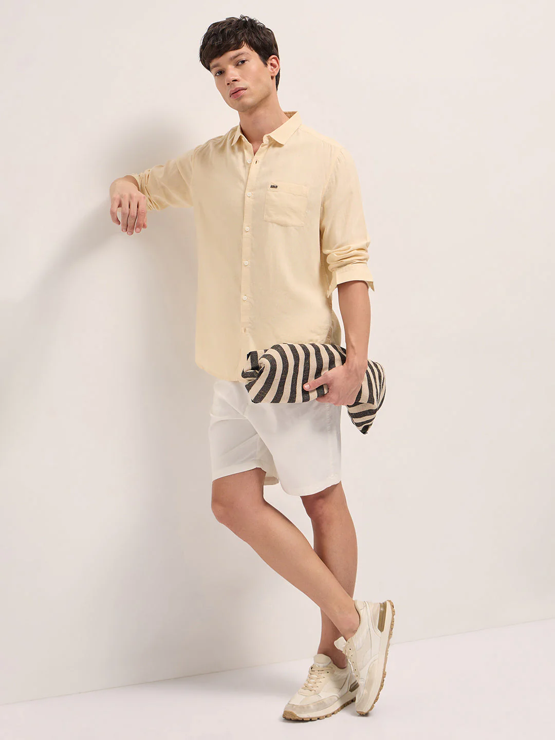 Men Beige Solid Lyocell Slim Fit Casual Shirt - Image 4