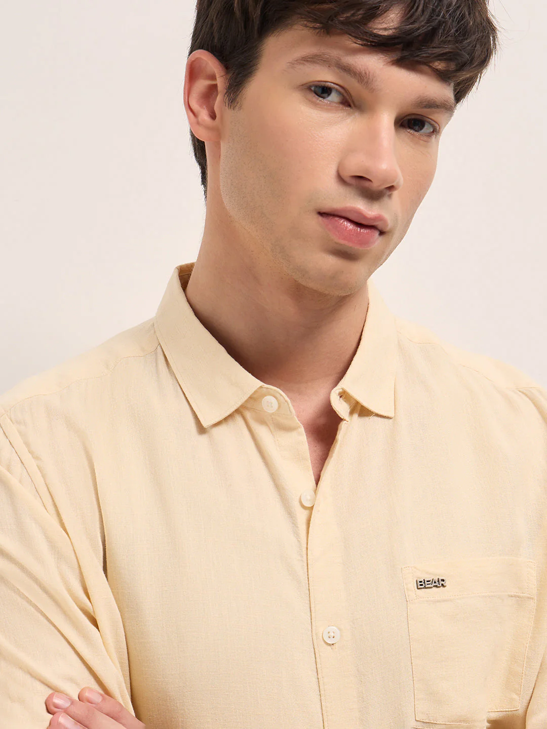 Men Beige Solid Lyocell Slim Fit Casual Shirt - Image 5
