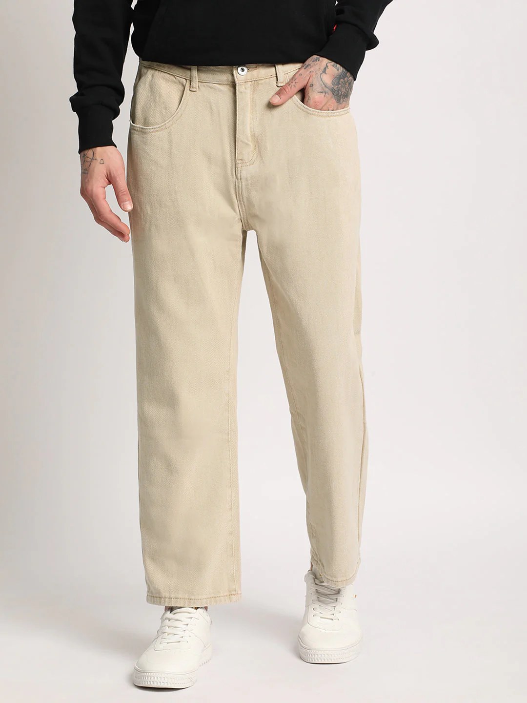 Men Beige Solid Mid Rise Straight Fit Jean - Image 2
