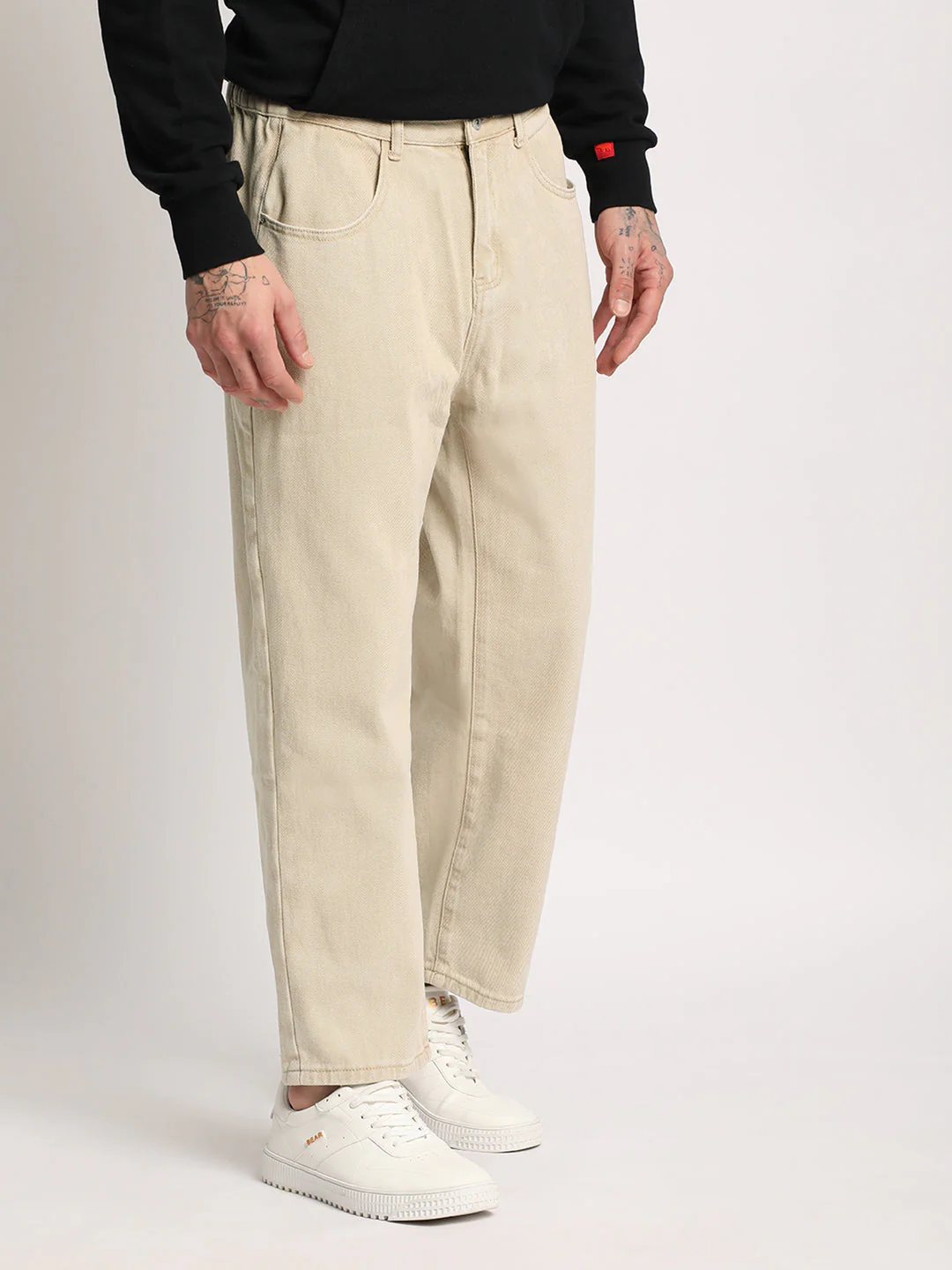 Men Beige Solid Mid Rise Straight Fit Jean - Image 3