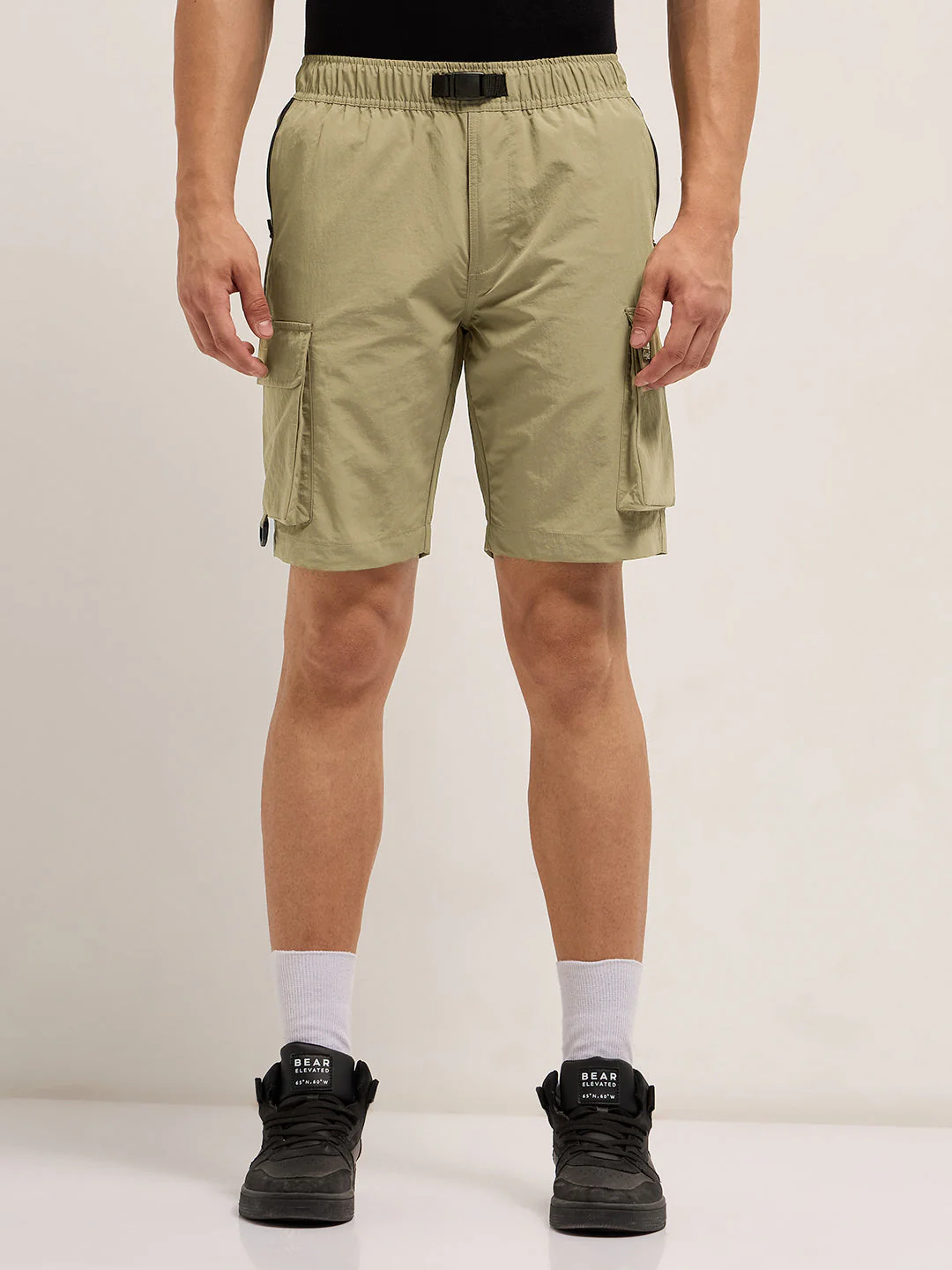 Men Beige Solid Nylon Cargo Shorts - Image 5