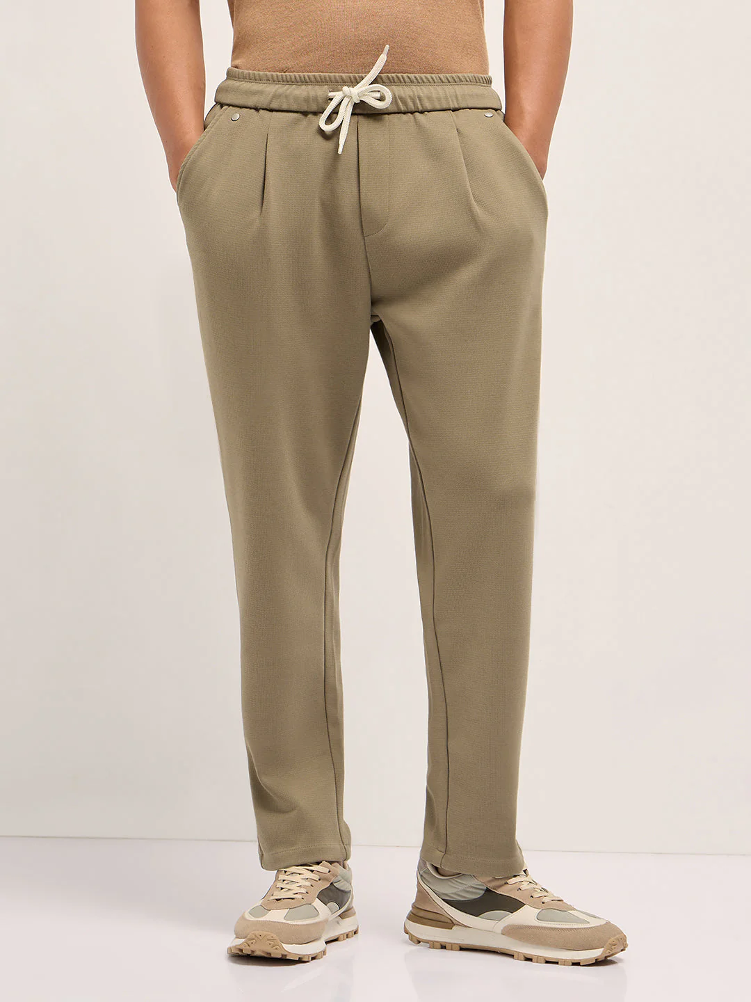Men Beige Solid Regular Fit Casual Trousers - Image 7