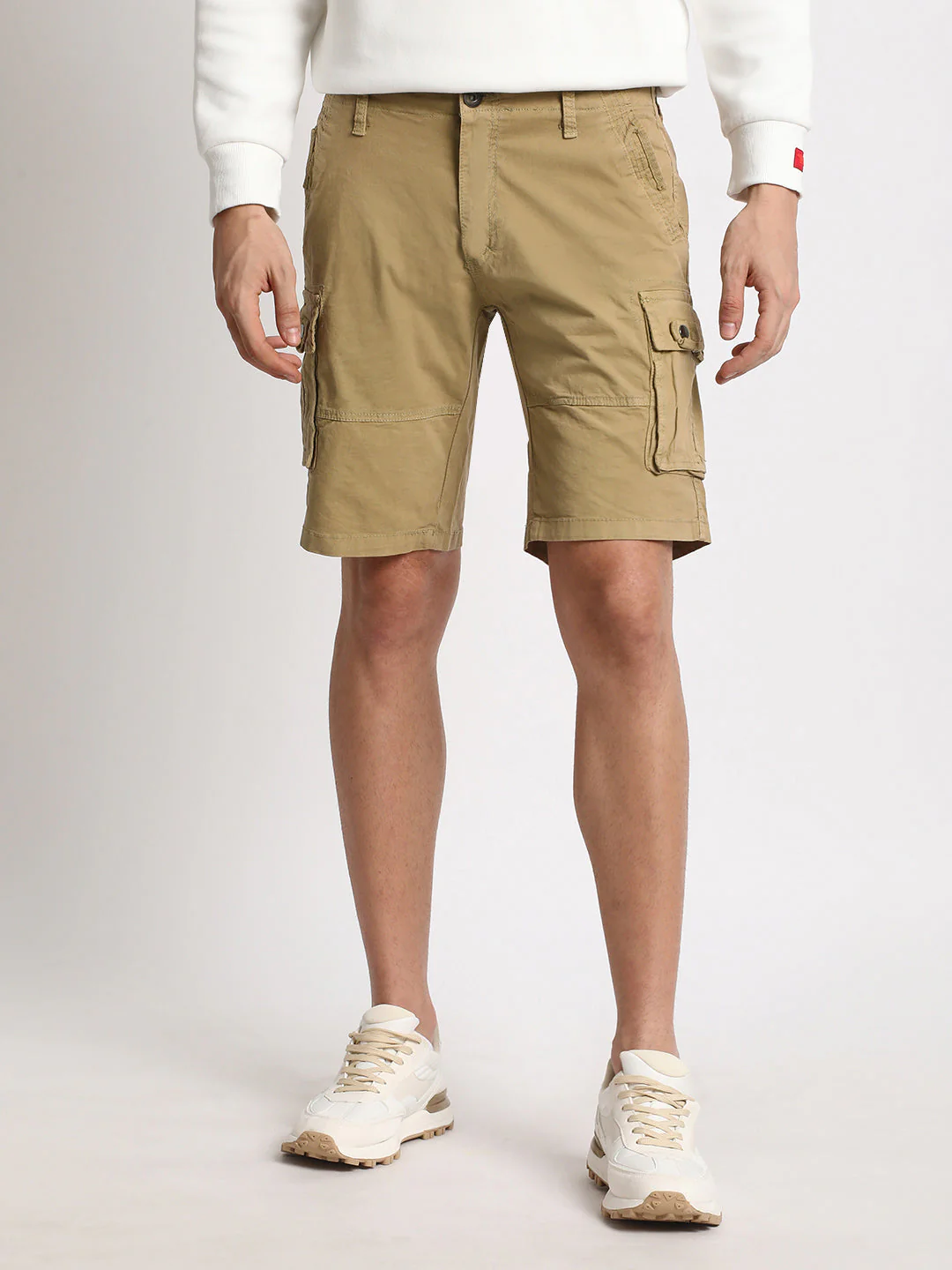 Men Beige Solid Regular Fit Cotton Cargo Shorts - Image 2