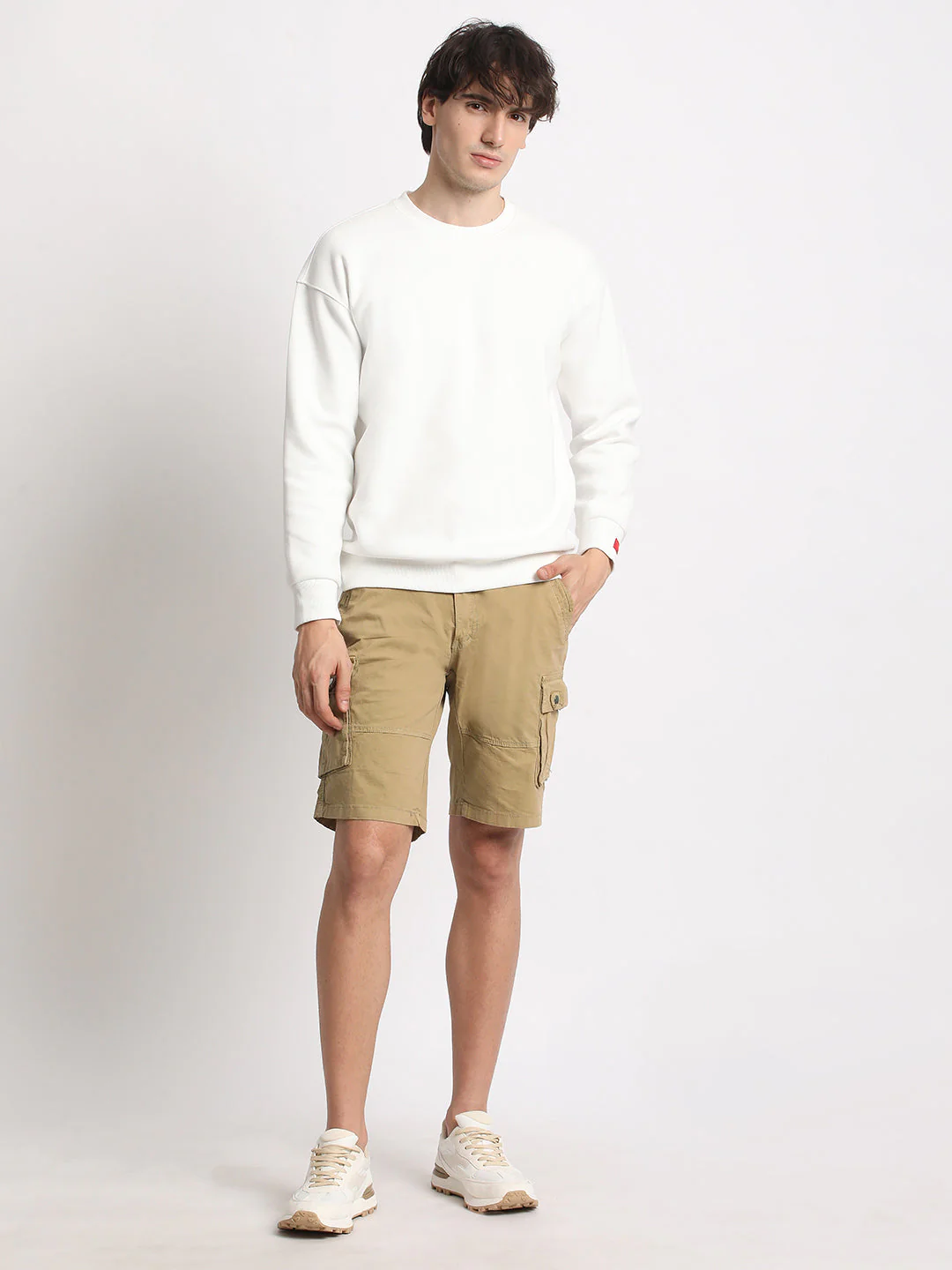Men Beige Solid Regular Fit Cotton Cargo Shorts - Image 5