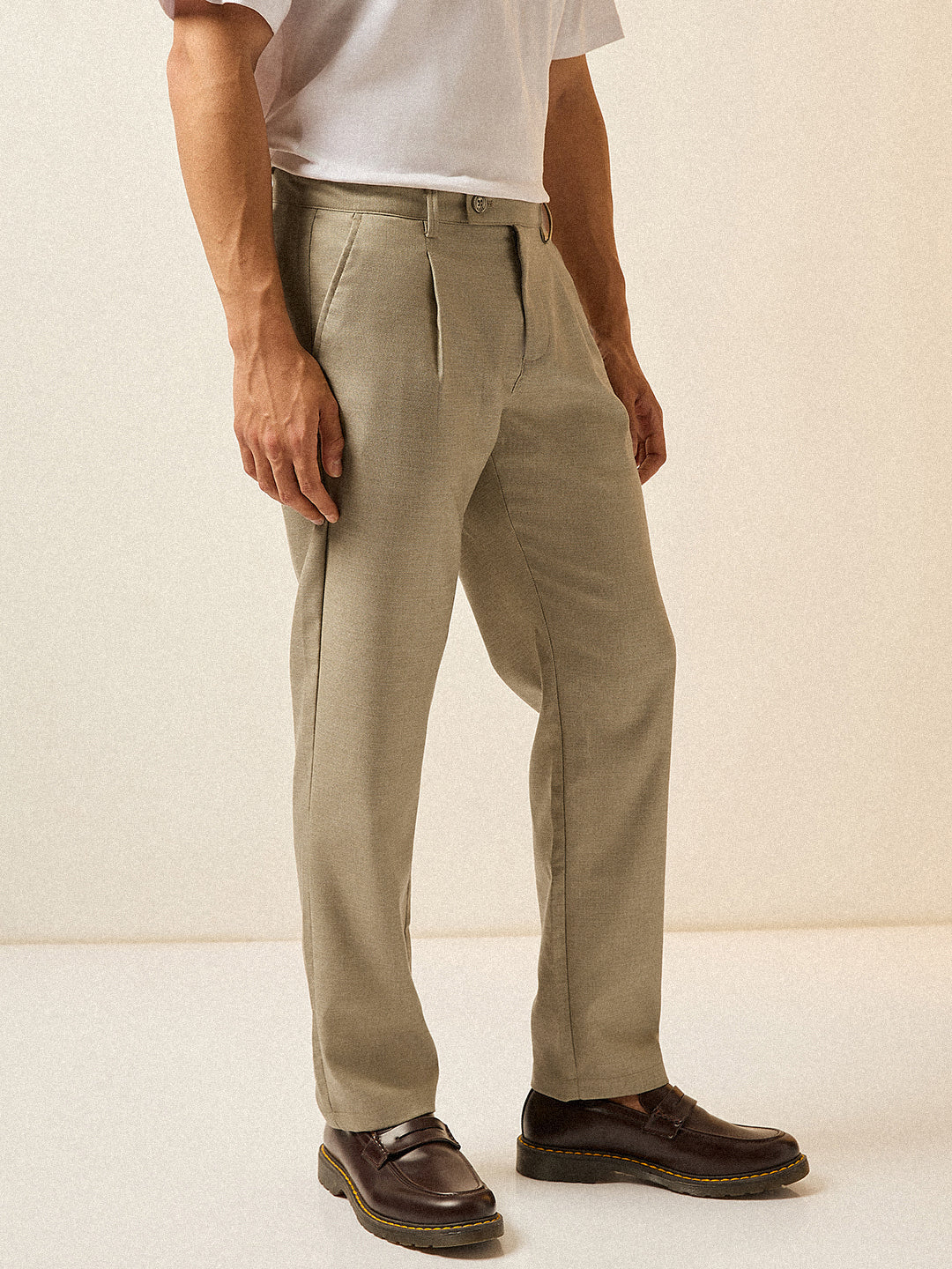 Men Beige Solid Regular Fit Formal Trouser - Image 3