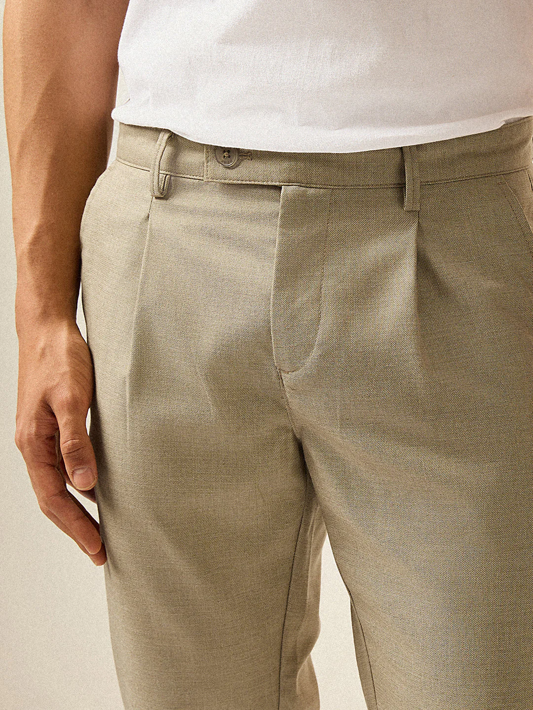 Men Beige Solid Regular Fit Formal Trouser - Image 5