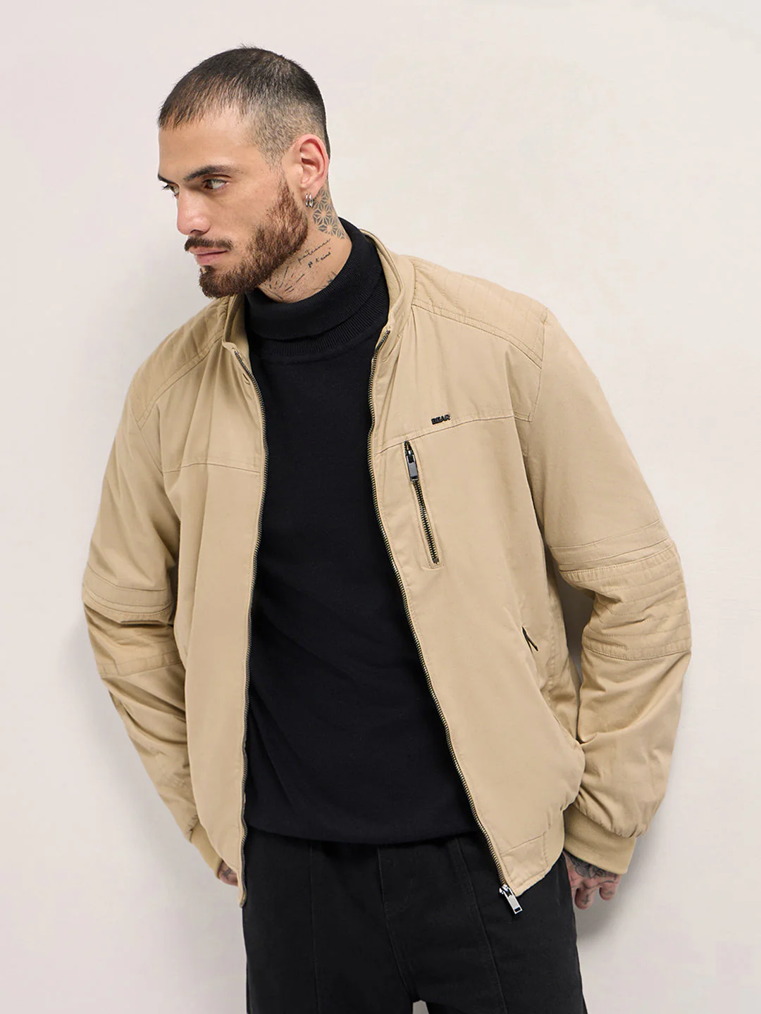 Men Beige Solid Regular Fit