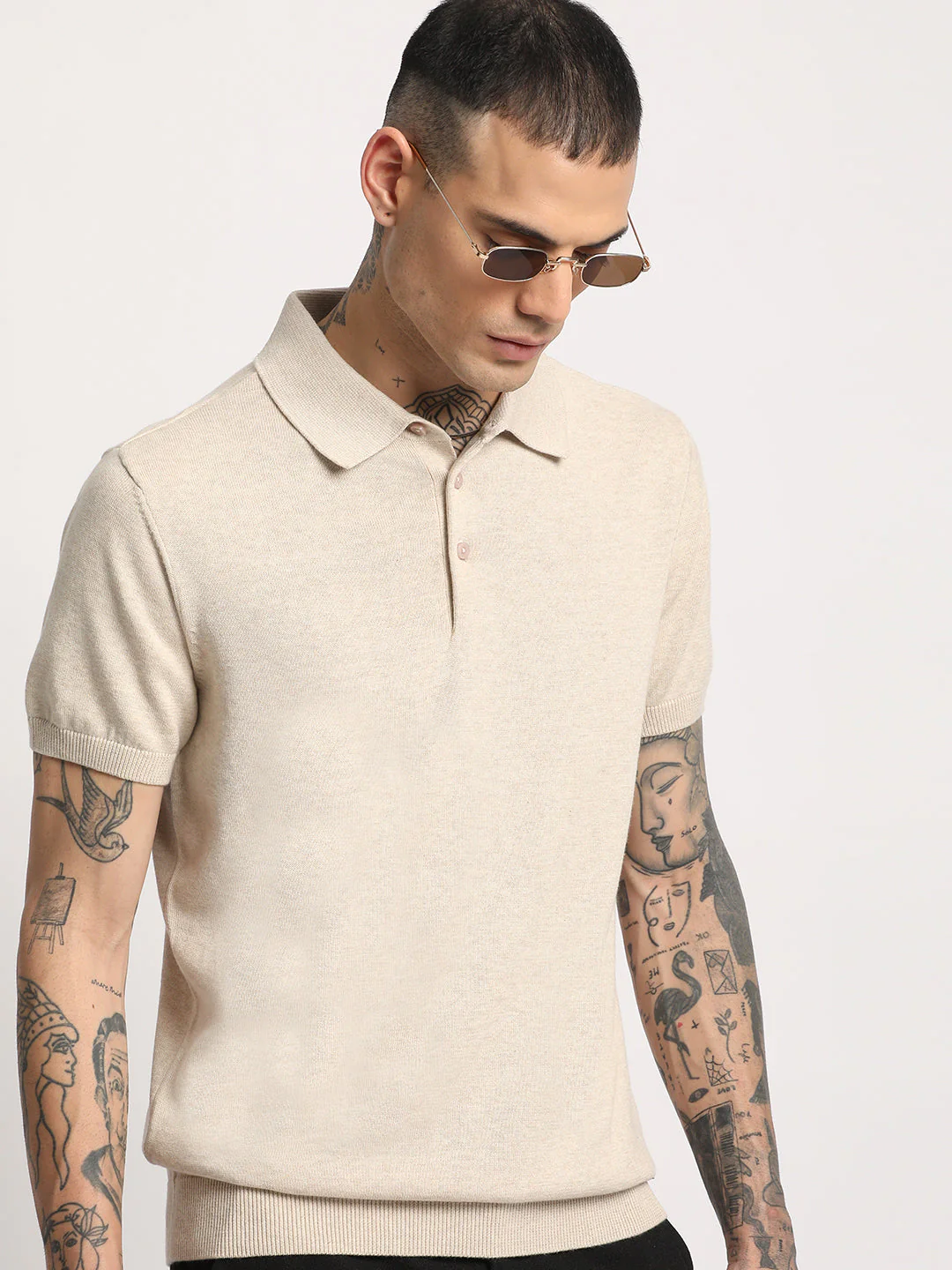 Men Beige Solid Regular Fit Polo Collar T-shirt