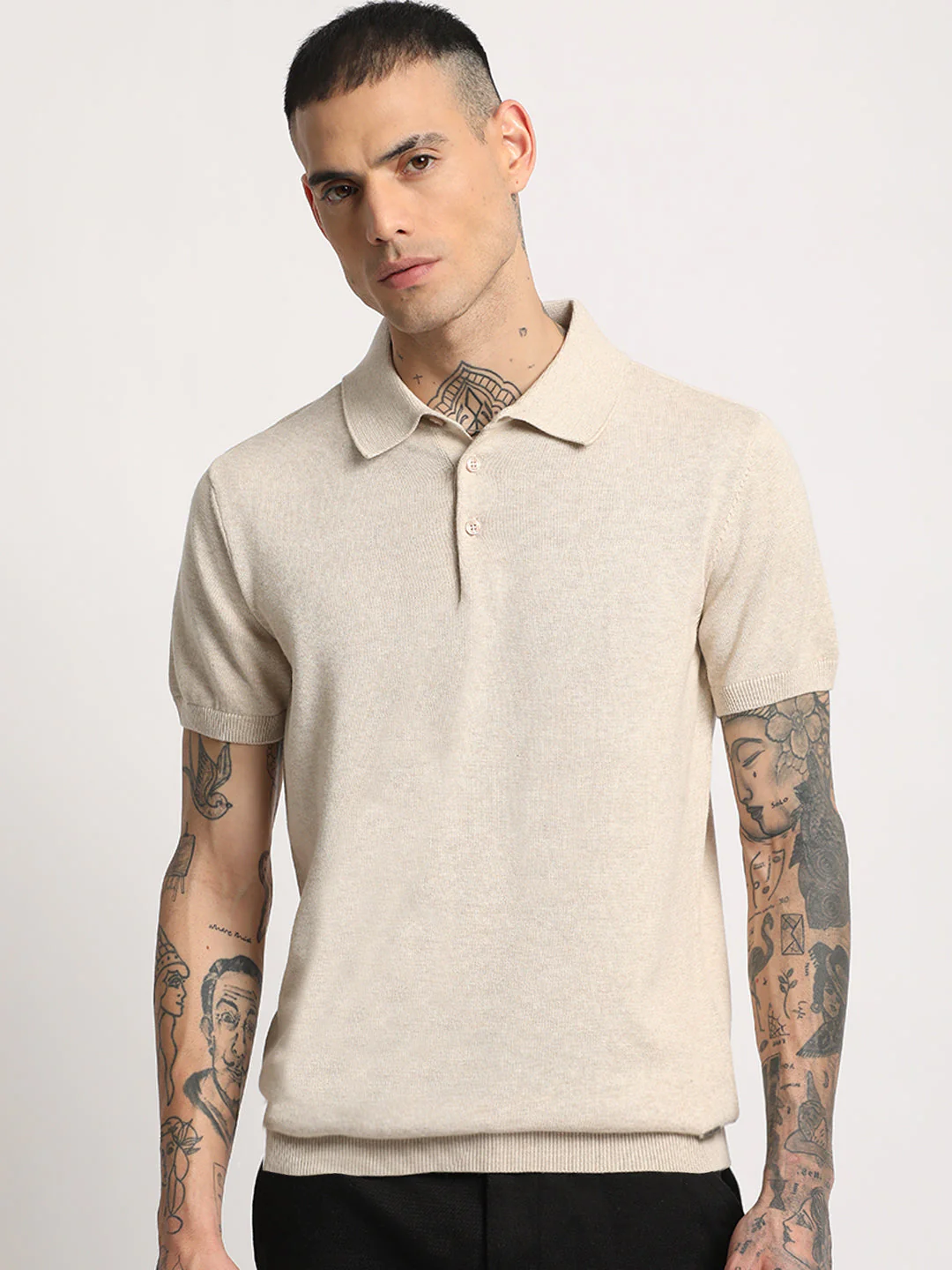 Men Beige Solid Regular Fit Polo Collar T-shirt - Image 2