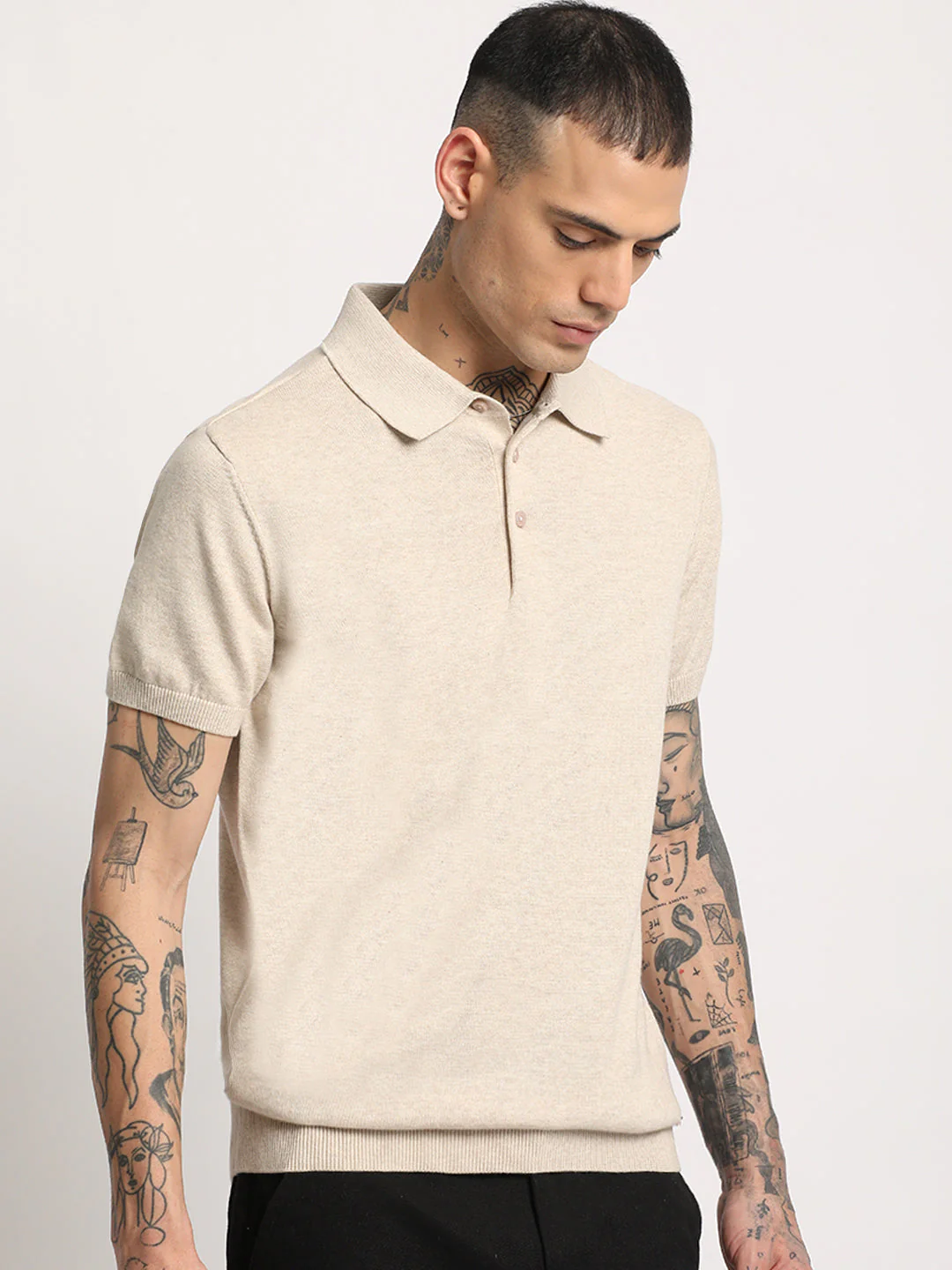 Men Beige Solid Regular Fit Polo Collar T-shirt - Image 3