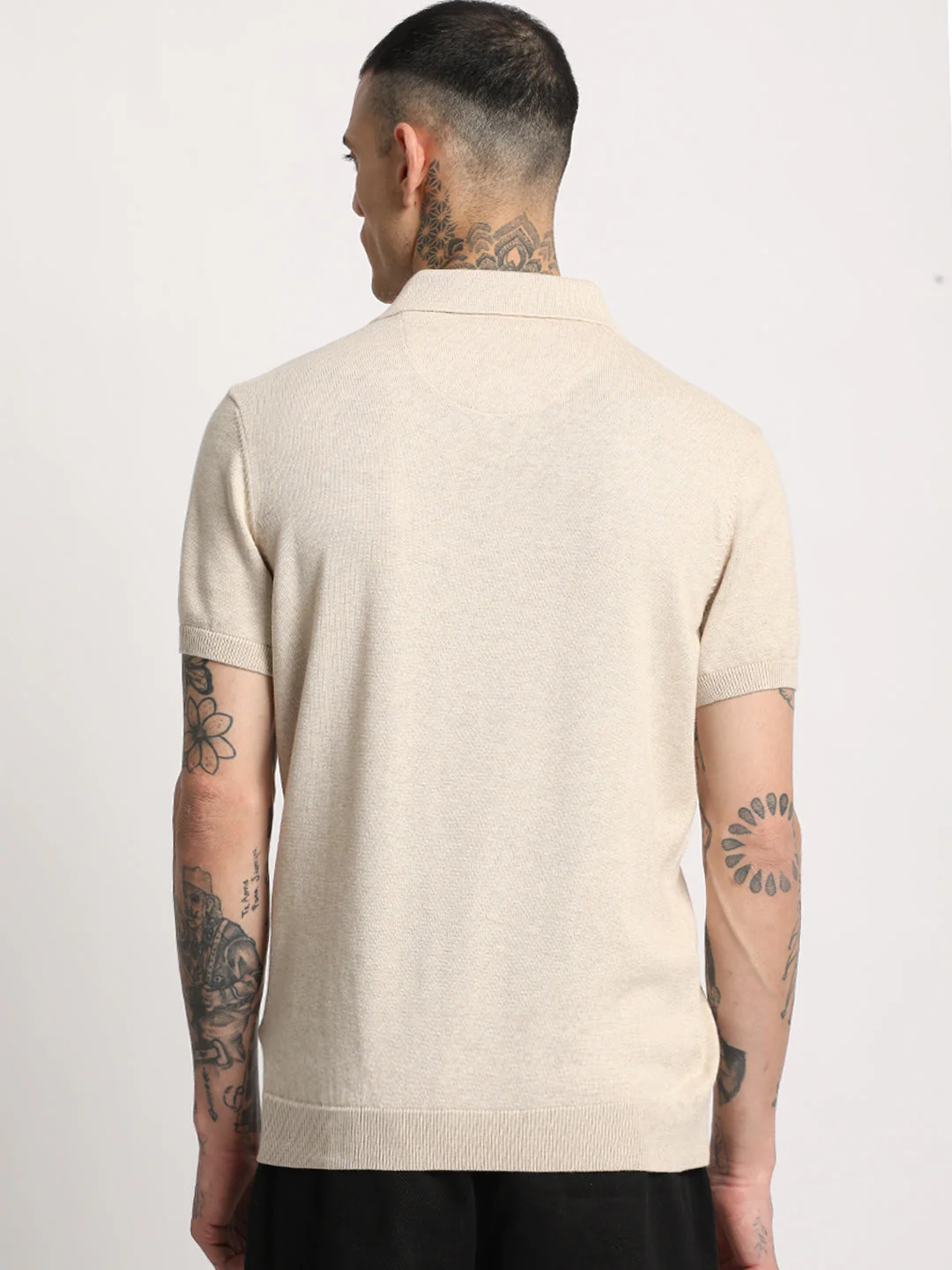 Men Beige Solid Regular Fit Polo Collar T-shirt - Image 4