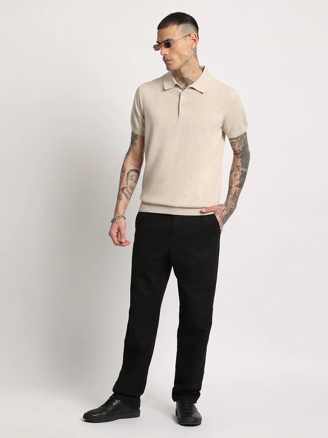 Men Beige Solid Regular Fit Polo Collar T-shirt - Image 5