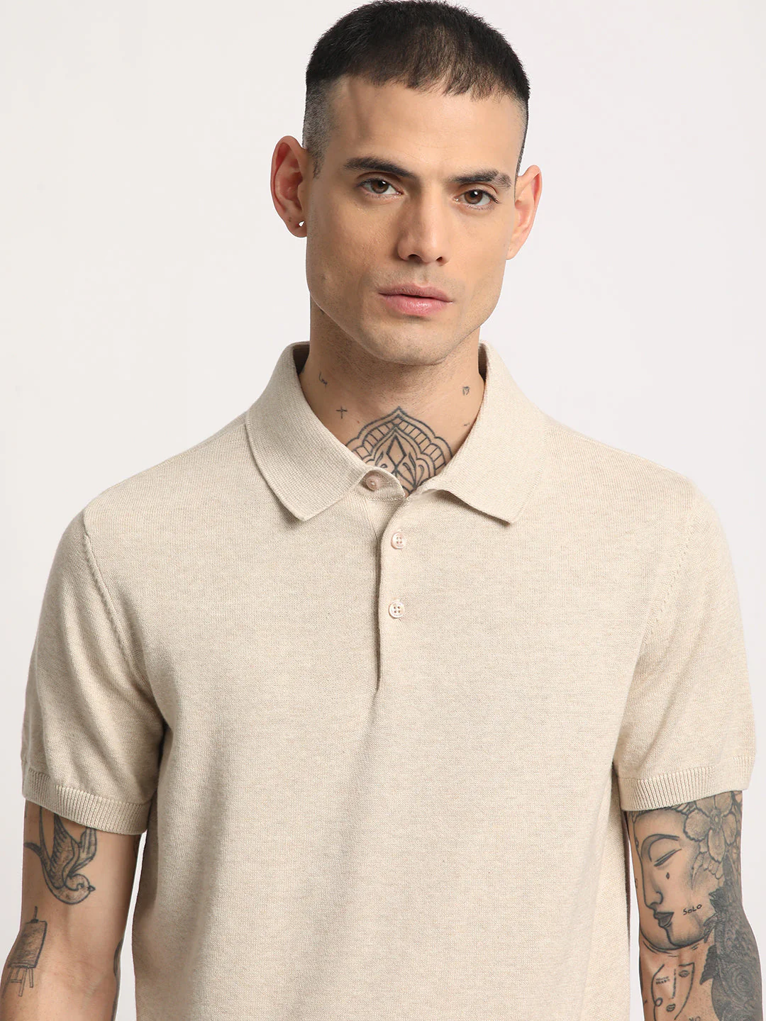 Men Beige Solid Regular Fit Polo Collar T-shirt - Image 6